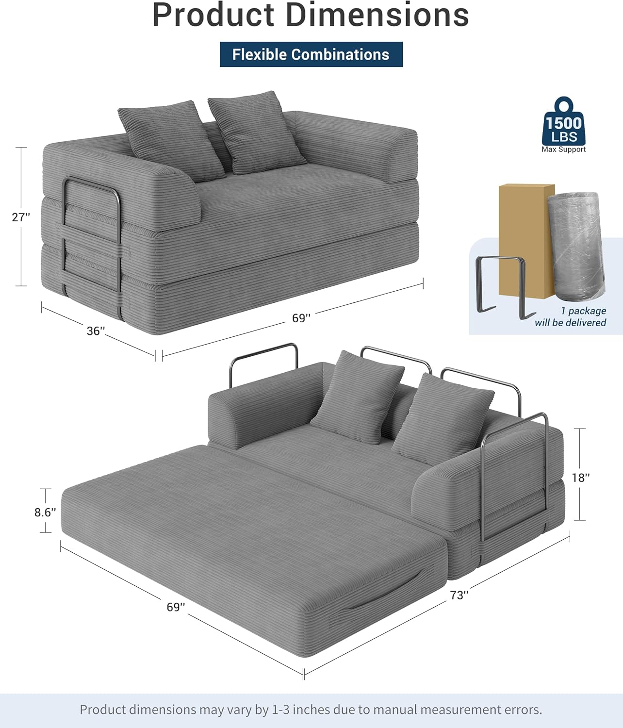 Cloud Boneless Convertible Floor Sofa Bed, 70