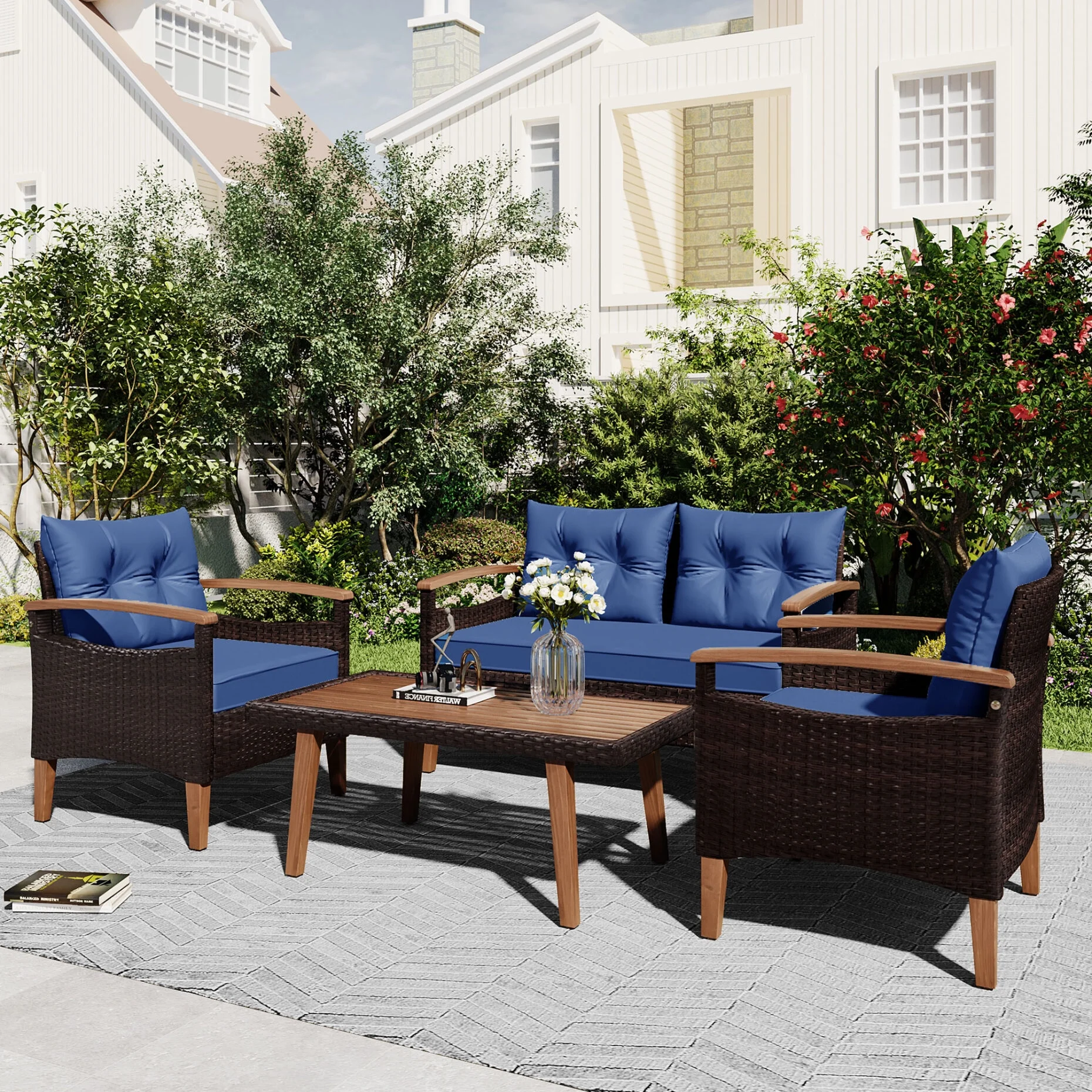 4 Piece Garden Furniture Set, Patio Seating Set with Wood Table, PE Rattan Sofa and 2 Chairs, Outdoor Conversation Set with Table Cover, Pillows and Adjustable Feet, Brown+Beige - Image 11