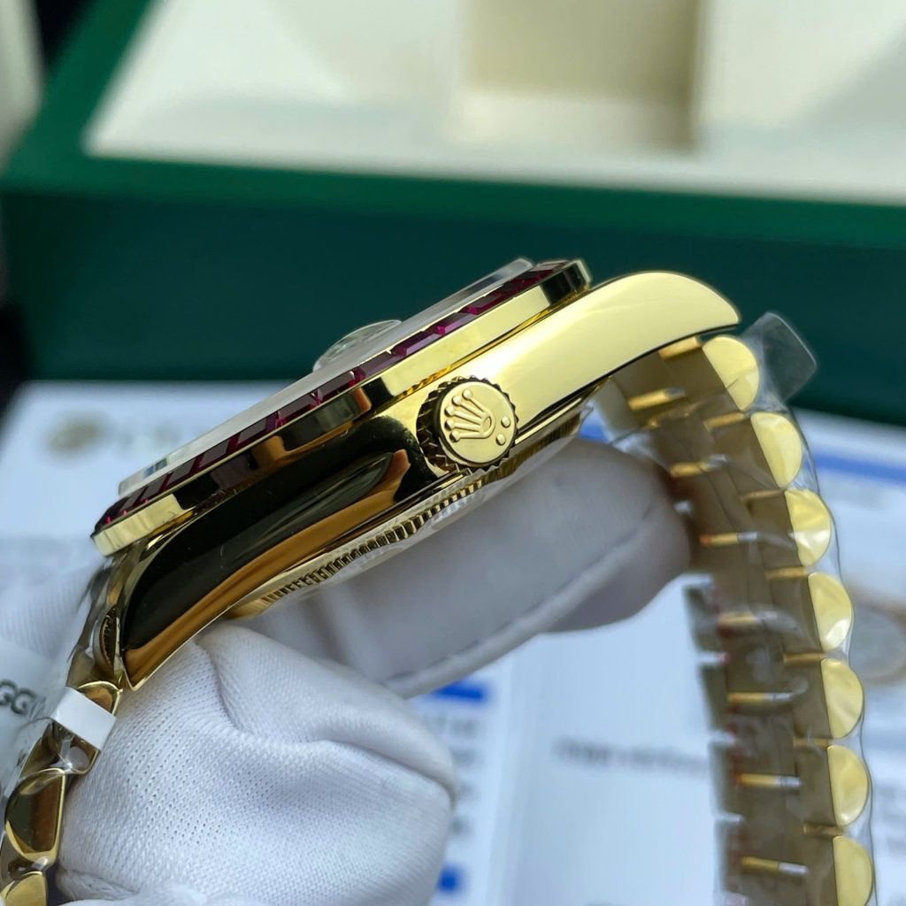 Rolex Day-Date Replica Watch Ruby Red + Moissanite Diamonds Gold Wrapped GM Factory 40mm - Top club