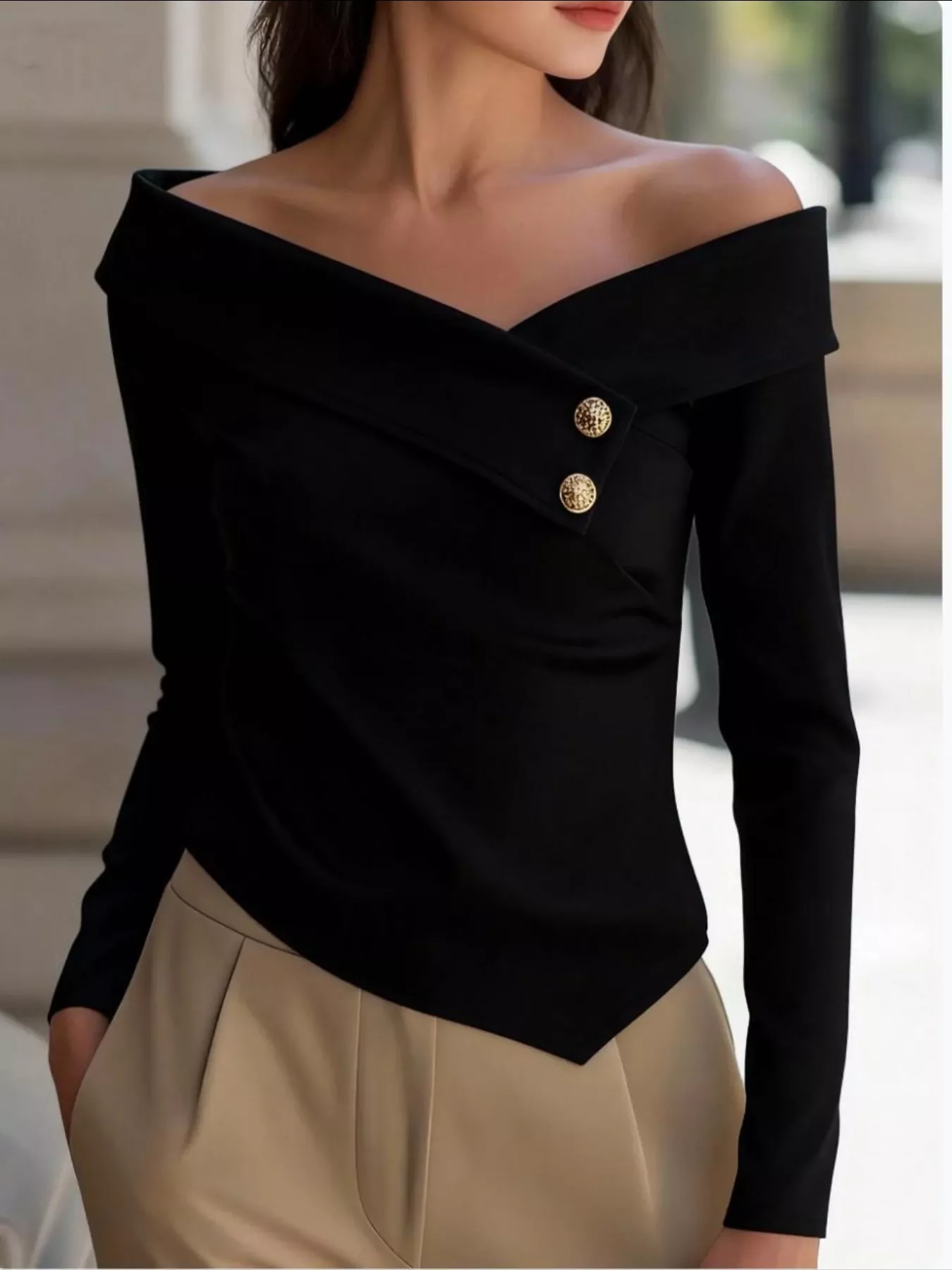 Off-Shoulder Button Detail Blouse - ZKZOOK