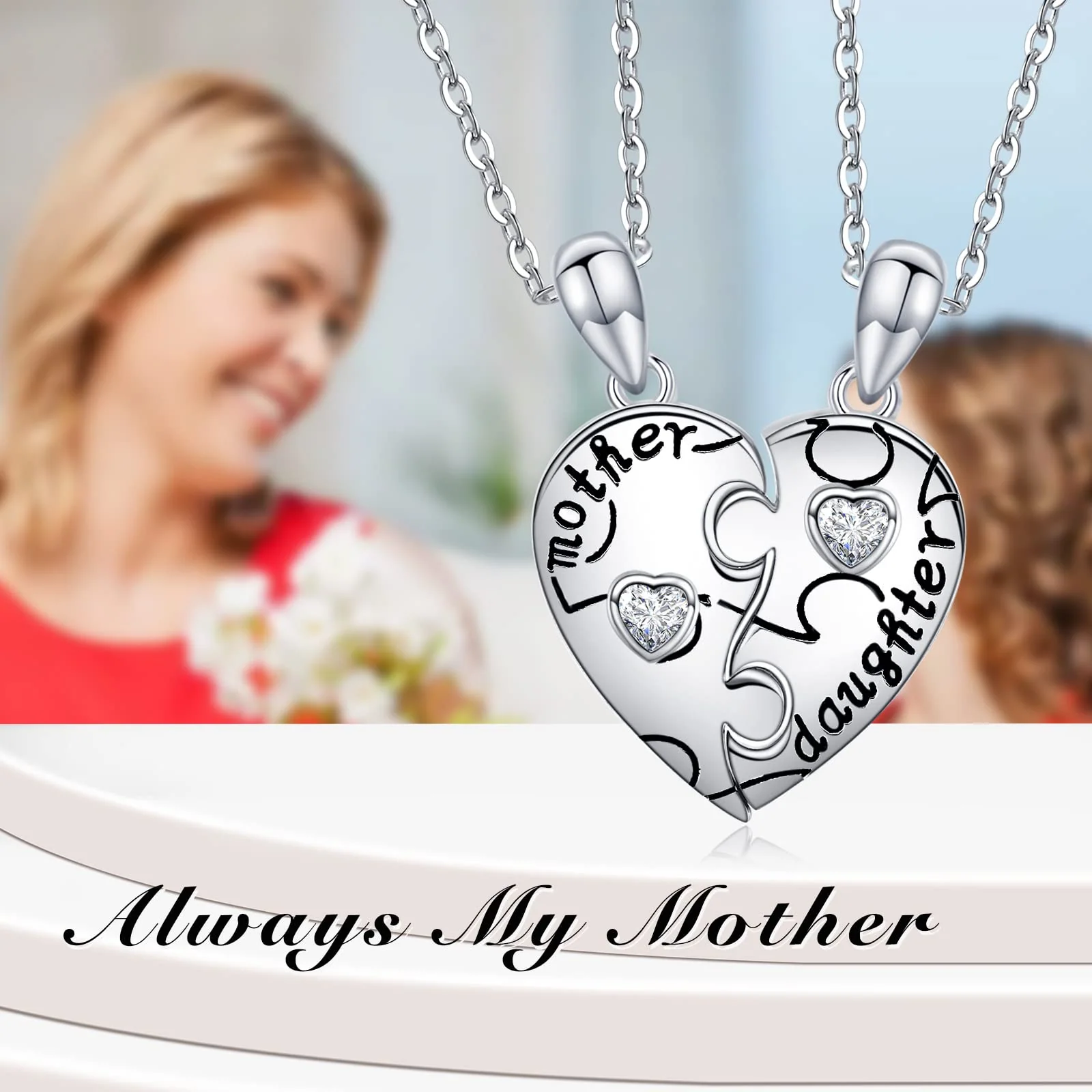Mother Daughter Heart Matching Puzzle Necklace - Sterling Silver Mom Daughter Heart Matching Necklace Set for 2 Mom Gifts Daughter Gifts for Christmas Mother's Day