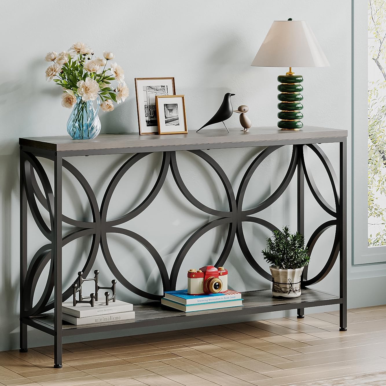 GiftGo Narrow Sofa Table 47.2 Inch, Industrial Sofa Table Behind Couch, Vintage Entry Console Table with Storage for Entryway, Living Room, Foyer, Elegant Design (Grey, 47.2)