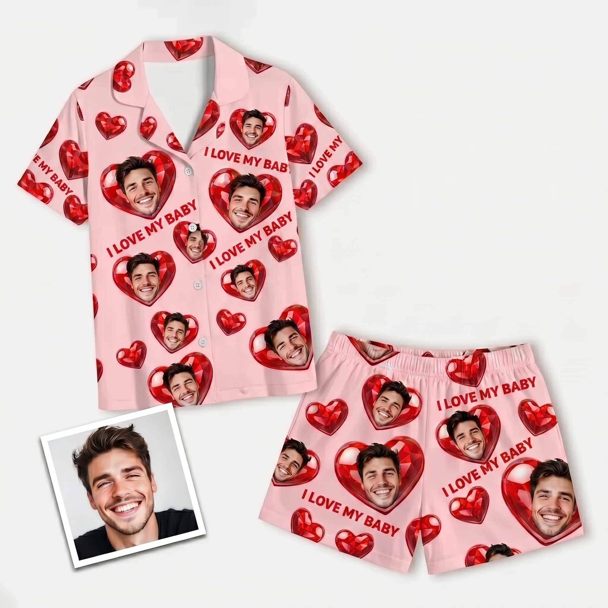Flat lay of custom personalized photo pajama set. Pink top and shorts showing custom face prints next to the original uploaded photo