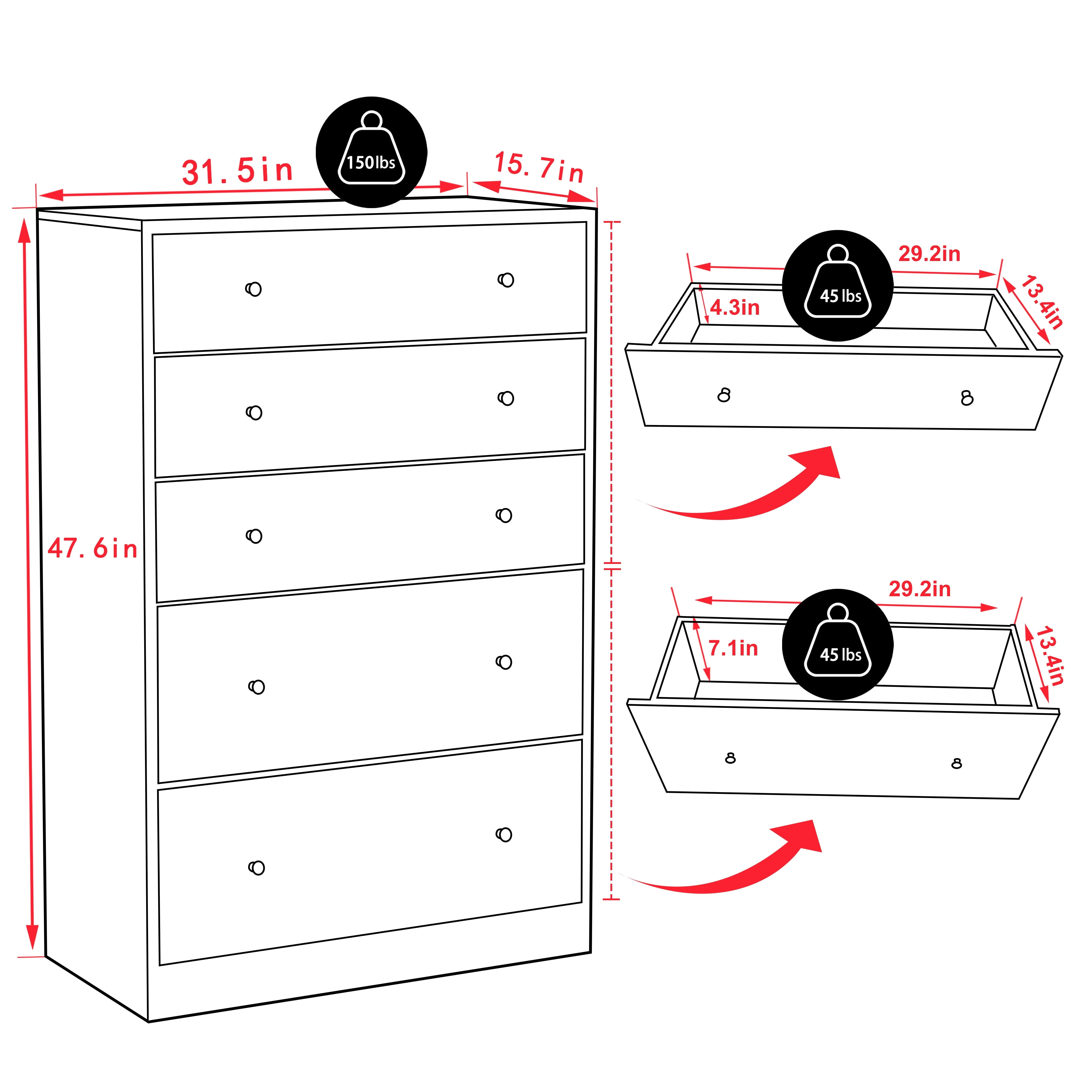 VEIKOUS 5-Drawer Dresser Chest of Oversized Natutal Wood Dresser Cabinet for Storage, Black - Image 6