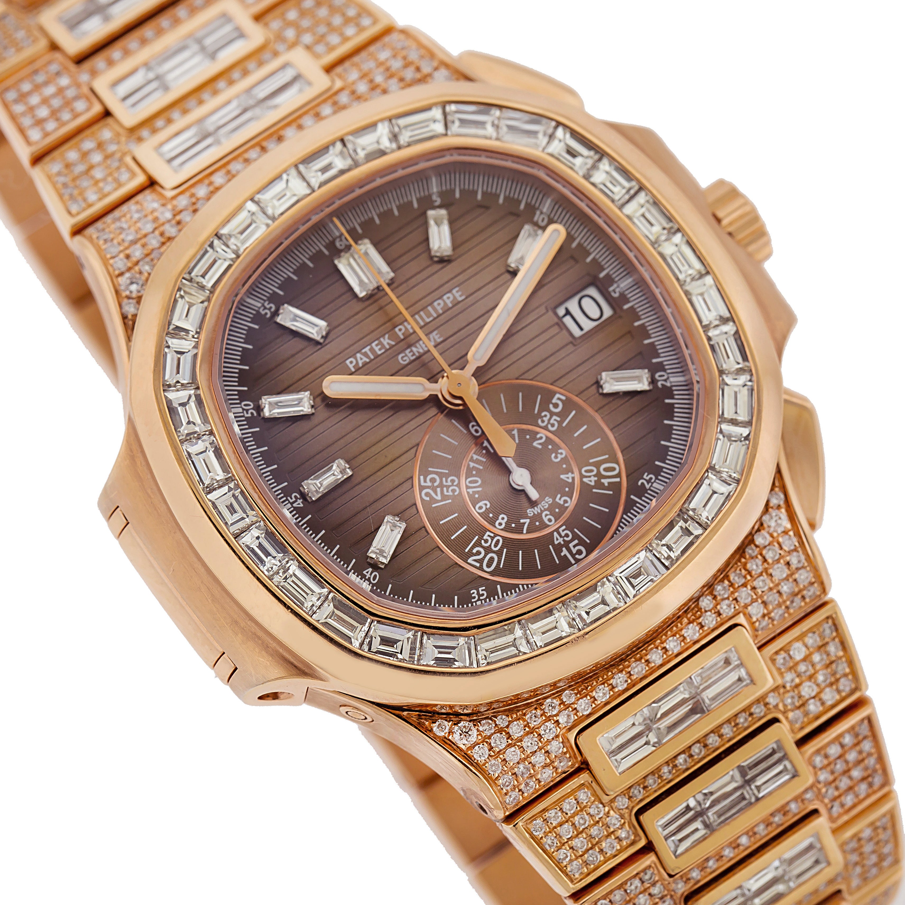 18K Rose Gold Patek Philippe Nautilus 5980/1R 40.5mm Brown Dial 25CT Diamonds(1:1 replica) - Top club