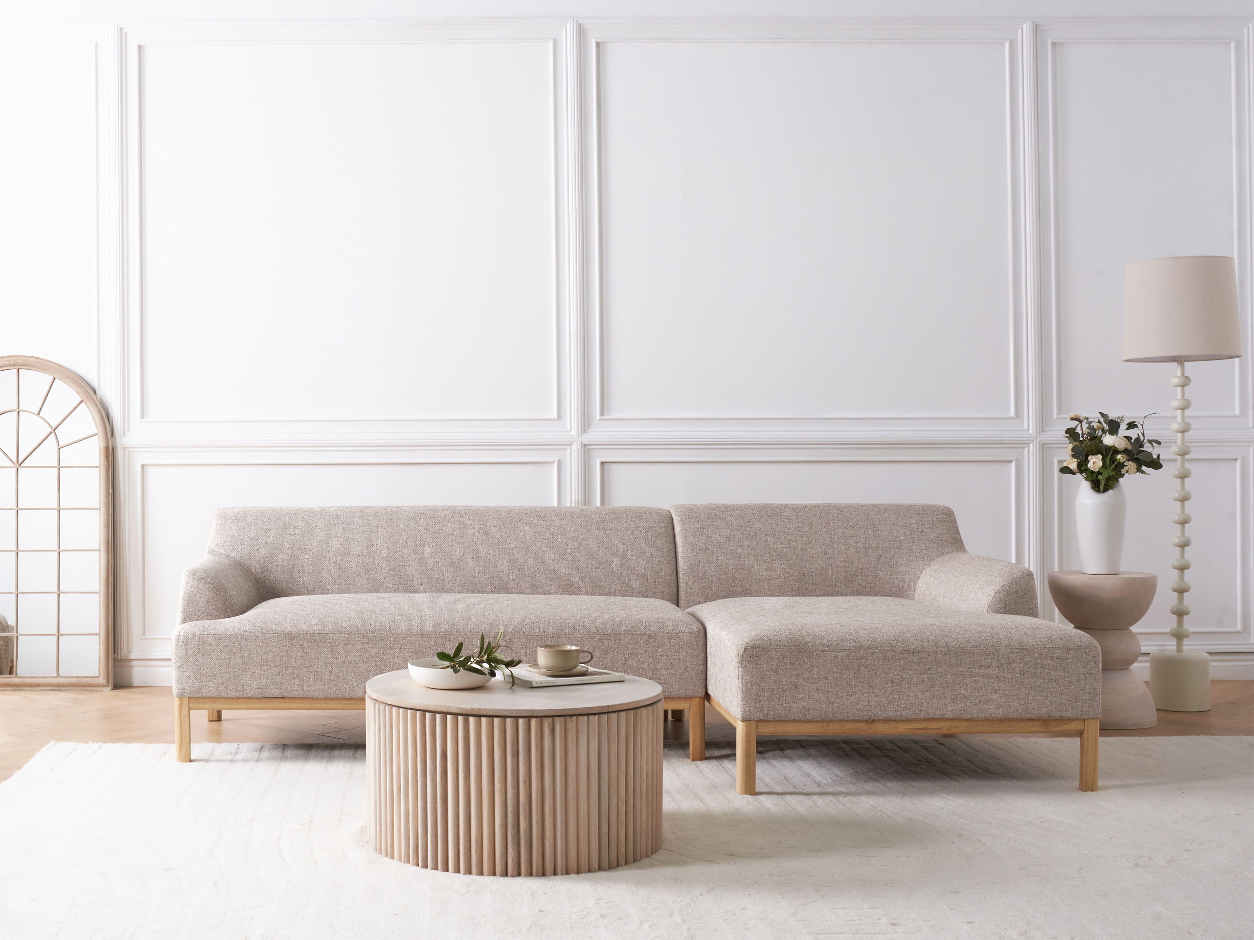 Corner Sofa 3 Seater SOSJO Fabric Light Brown Left Hand