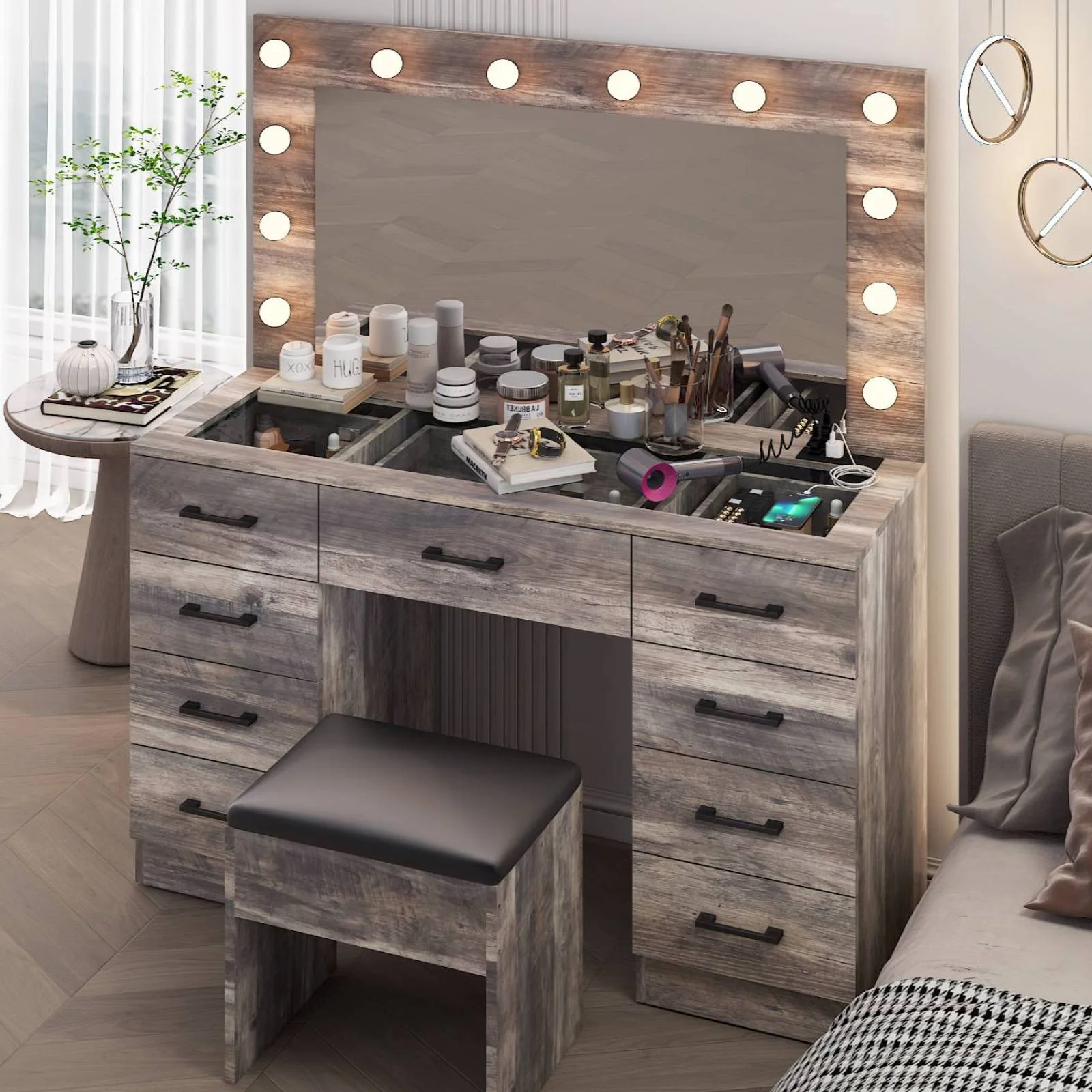Ktaxon Large Makeup Vanity, Vanity Table Set w/ Visible Glass Top w/ Charging Station, White - Image 98