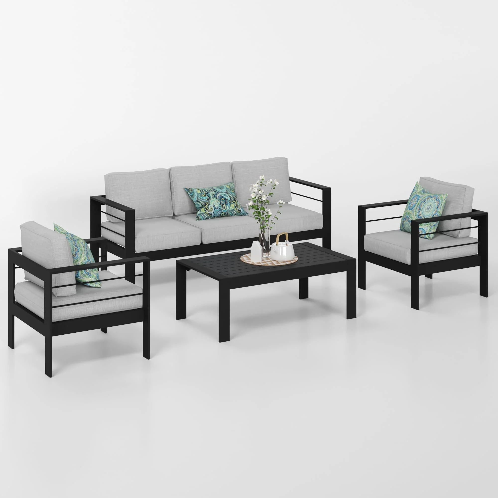 CozyHom 5 Pcs Outdoor Patio Aluminum Furniture Sofa Sets, Outside Patio Conversation Couch Sets With Table&Cushions for Garden Porch, Gray - Image 2