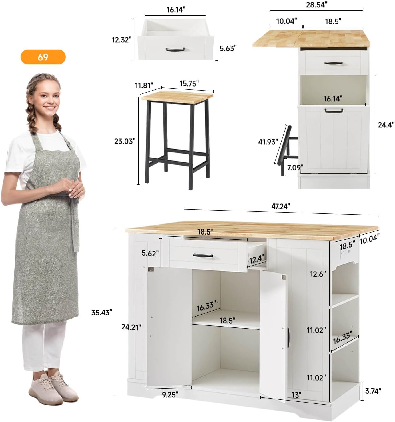 ONBRILL Stationary Kitchen Islands Include 2 Chairs, 47
