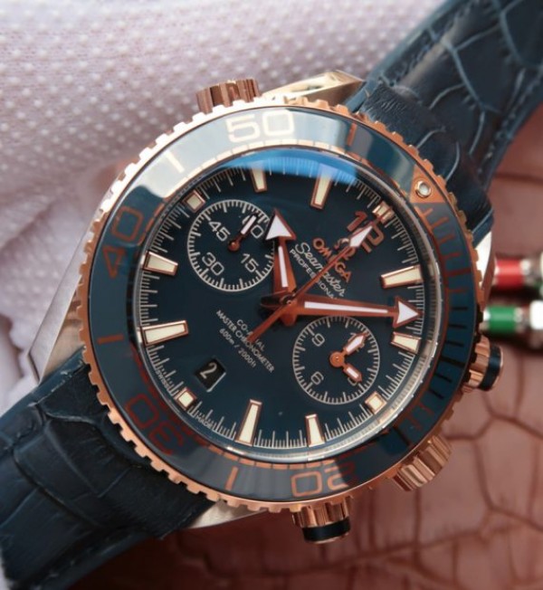 Replica Omega OMF Planet Ocean Master Chronometer SS/RG Blue Bezel Blue Dial Leather Strap A9901 - Elite Watch Atelier