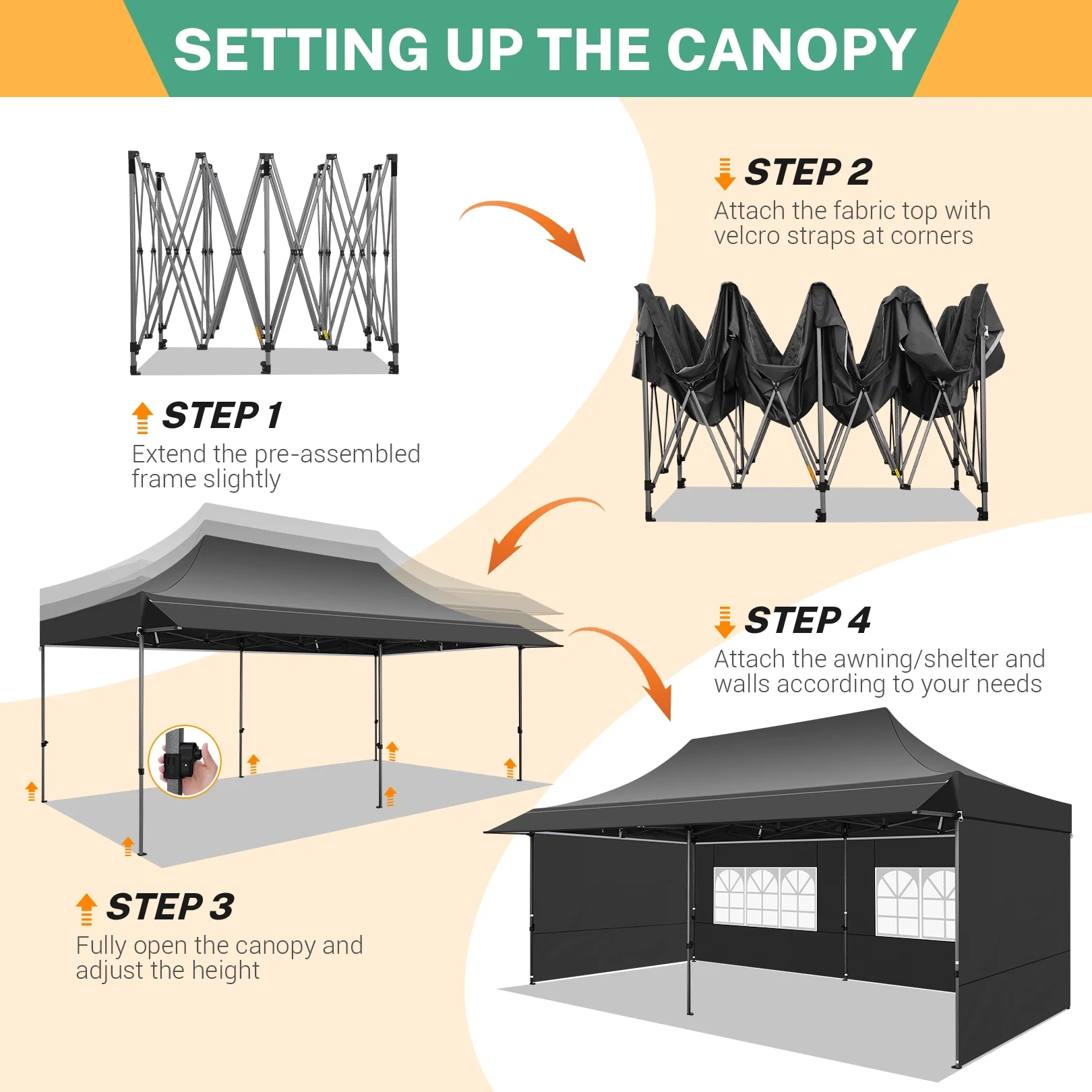 COBIZI 10x20 Pop Up Canopy Heavy Duty Party Tent with Removable Awning and Sidewalls,Easy Up Outdoor Wedding Canopy,Gazebo All Season Windproof&Waterproof with Roller Bag UPF 50+,Black - Image 14