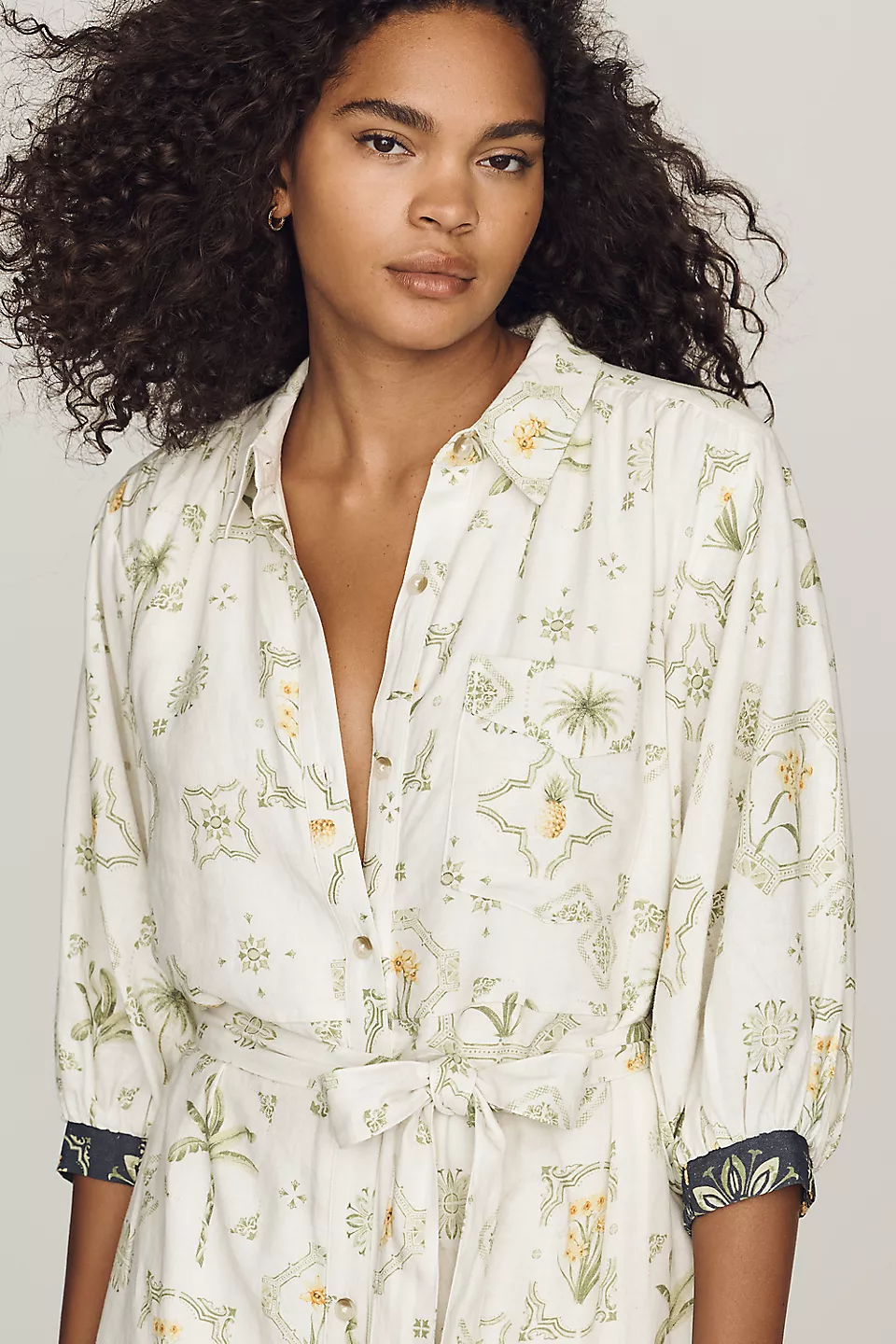 Maeve Mona Linen Blend Maxi Shirtdress - Neutral Pattern