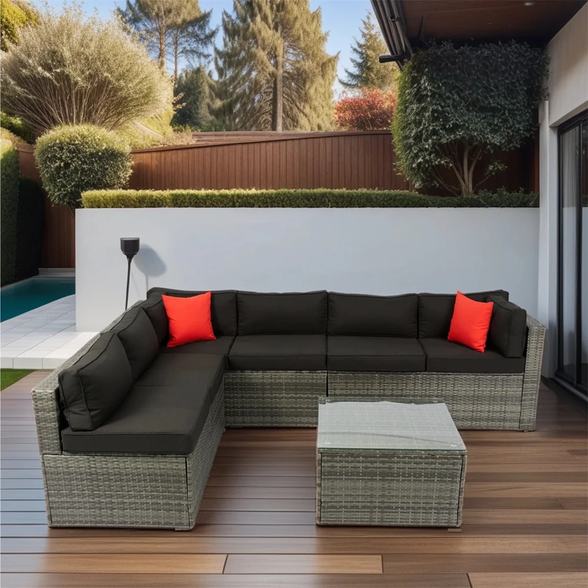 7 Piece Patio Furniture Sets Outdoor Sectional PE Rattan Outdoor Furniture Patio Conversation Set with Cushions and Glass Coffee Table, for Balcony Lawn and Garden, Gray - Image 6