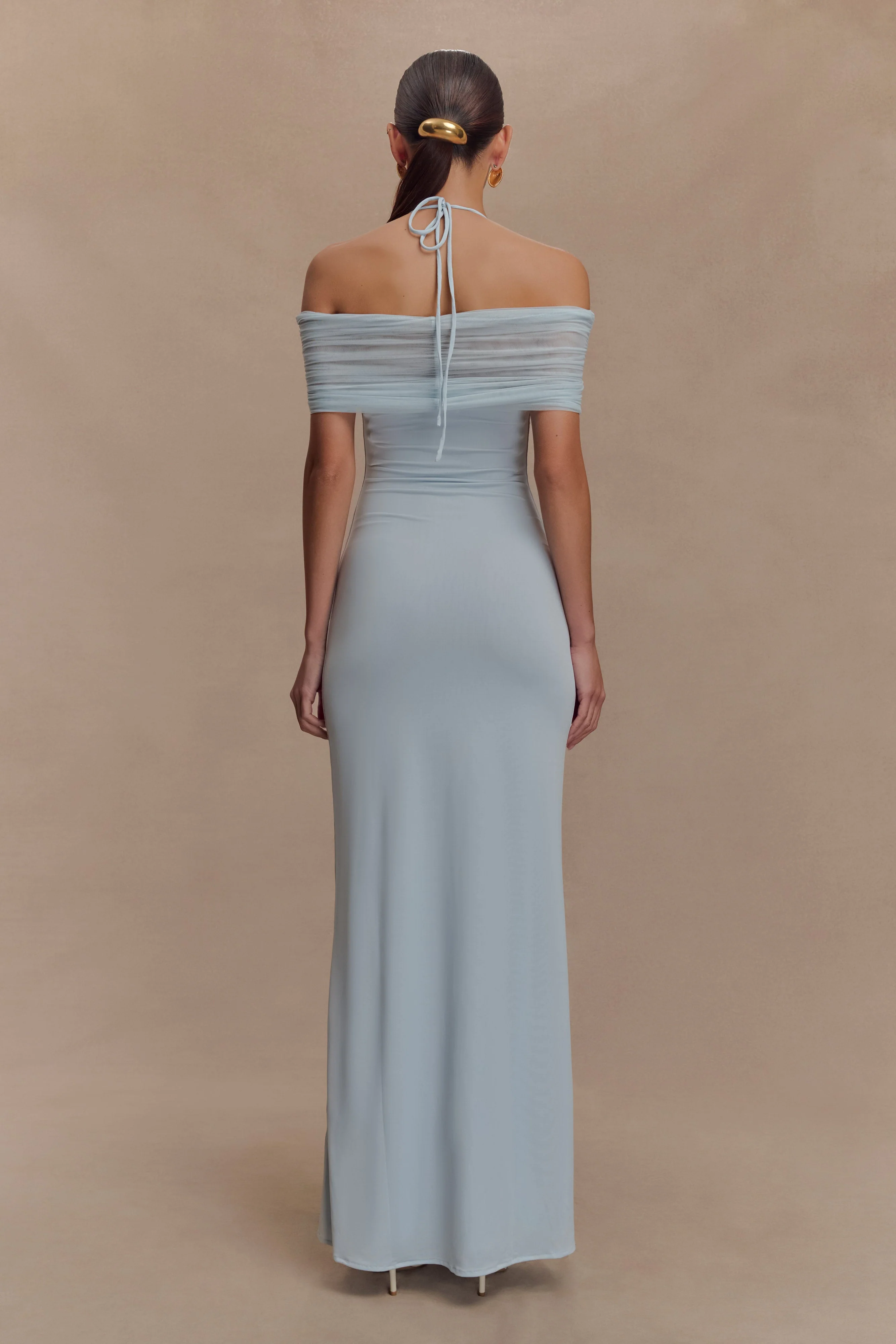 Bernadina Mesh And Slinky Halter Maxi Dress - Pale Blue