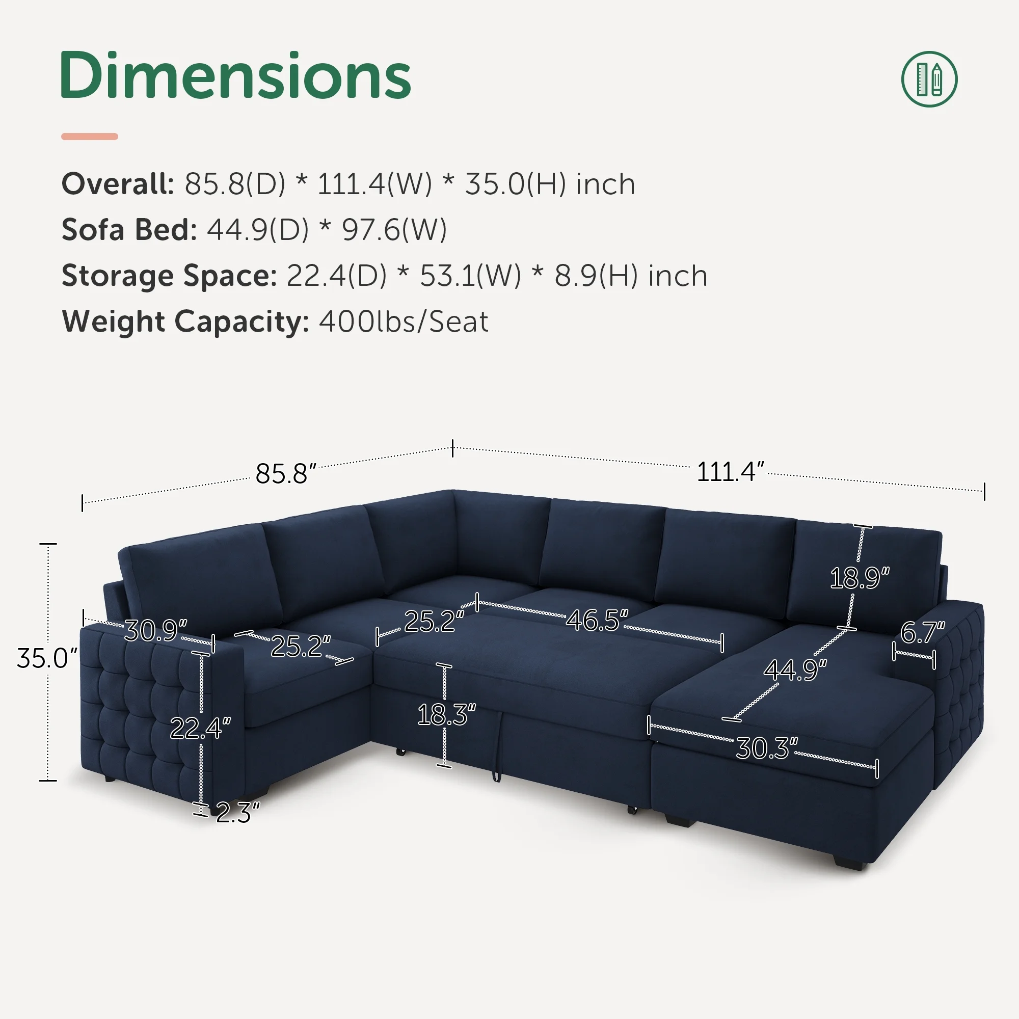 HONBAY Modular Sectional  Pull-Out Sofa Bed  with Storage Velvet U-Shaped Convertible Sleeper Sofa for Living Room, Blue