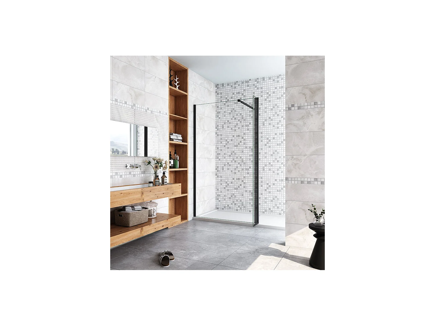Paroi de douche à l'italienne avec retour pivotant 100+40x200cm avec barre de fixation 73-120cm en carré - Noir Mat - 8mm verre anticalcaire