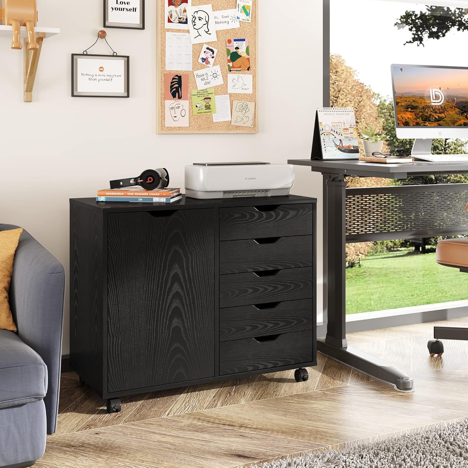 5-Drawer Wood Drawer Cabinet, Office Storage Cabinet with Adjustable Shelf & Wheels, Printer Stand for Home Office, Black, 15.7