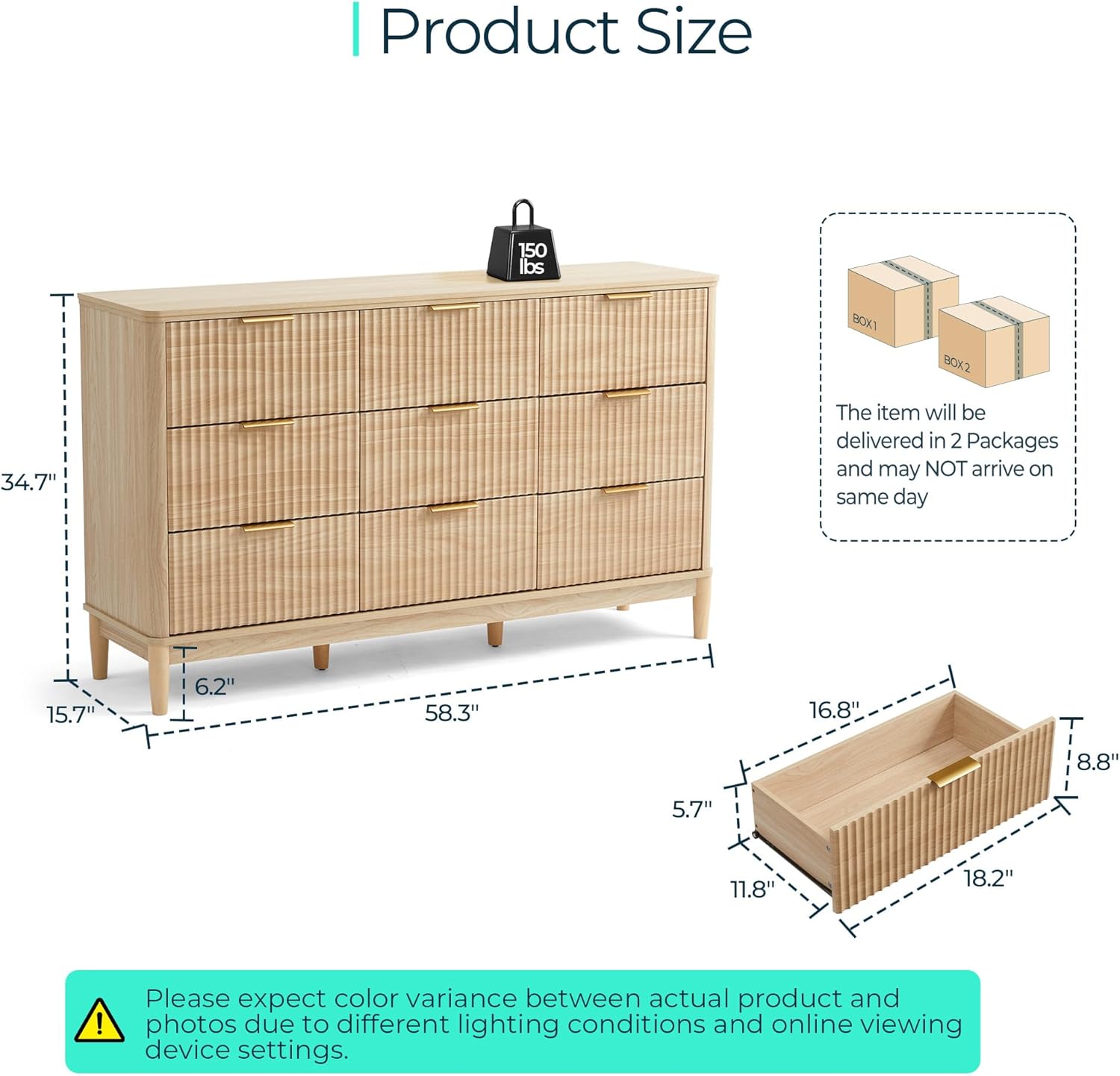 LINSY HOME Fluted Dresser for Bedroom with 9 Drawers, 58
