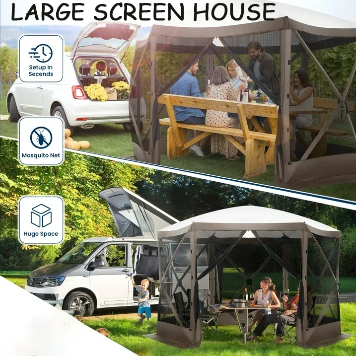 COBIZI 12'x12' Pop-up Gazebo Outdoor Camping Tent with 6 Sides Mosquito Netting, Waterproof, UV Resistant, Portable Screen House Room, Easy Set-up Party Tent with Carry bag, Ground Spike, Brown - Image 6