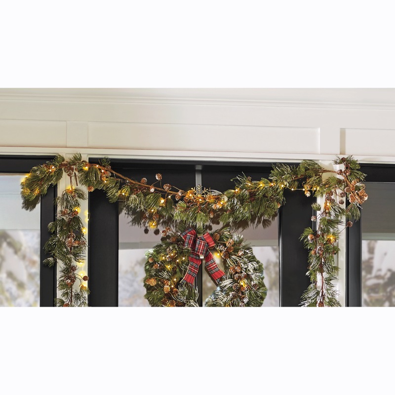 Lit Frosted Garland and Wreath with Pinecones and Bow - MIDNIGHT VELVET CATALOG