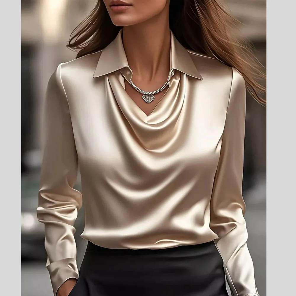Ruched Long Sleeve Drape Collar Blouse - ZKZOOK