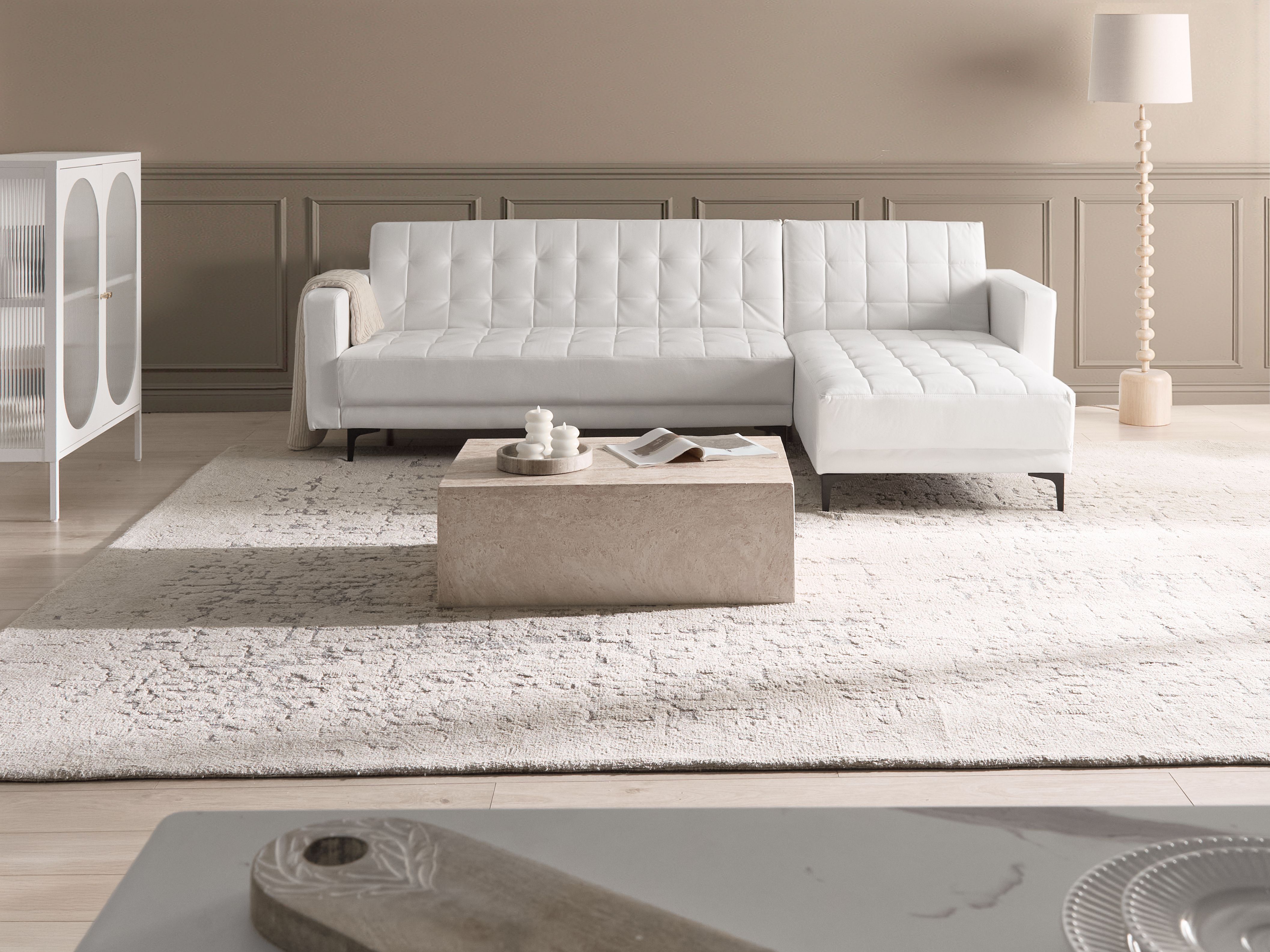 Modular Corner Sofa Bed 4 Seater ABERDEEN Faux Leather White Left Hand