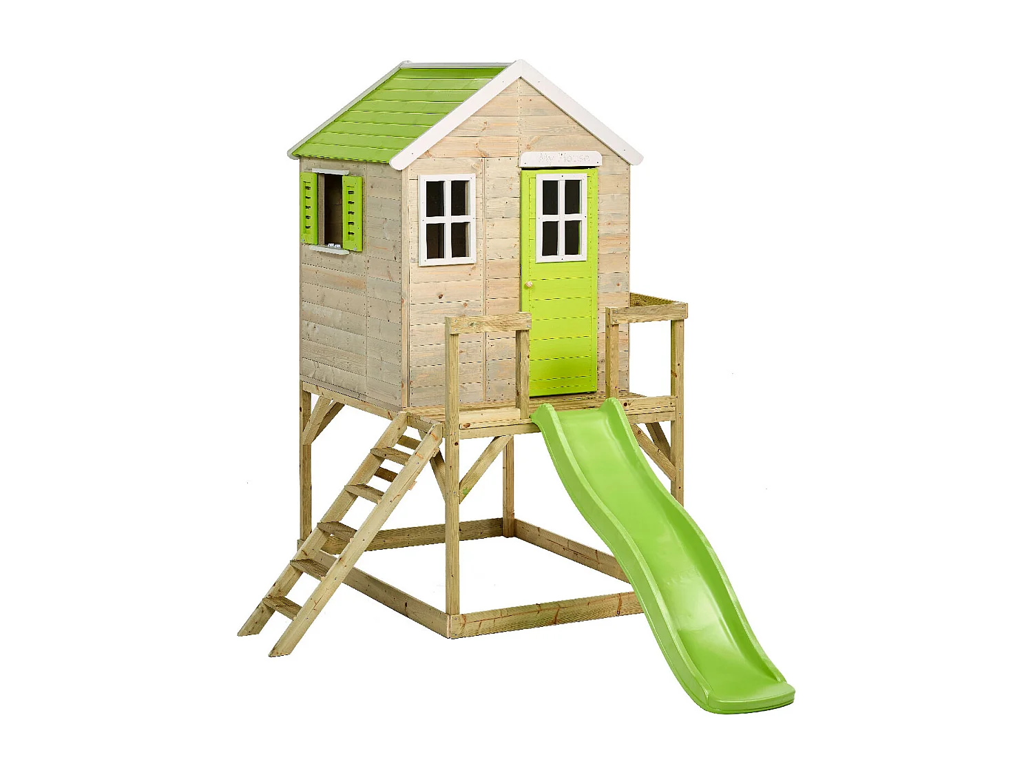 KANGUI Maisonnette Enfant Extérieur en Bois TINNI avec Plateforme et Toboggan - Toit Étanche - Vert & Blanc