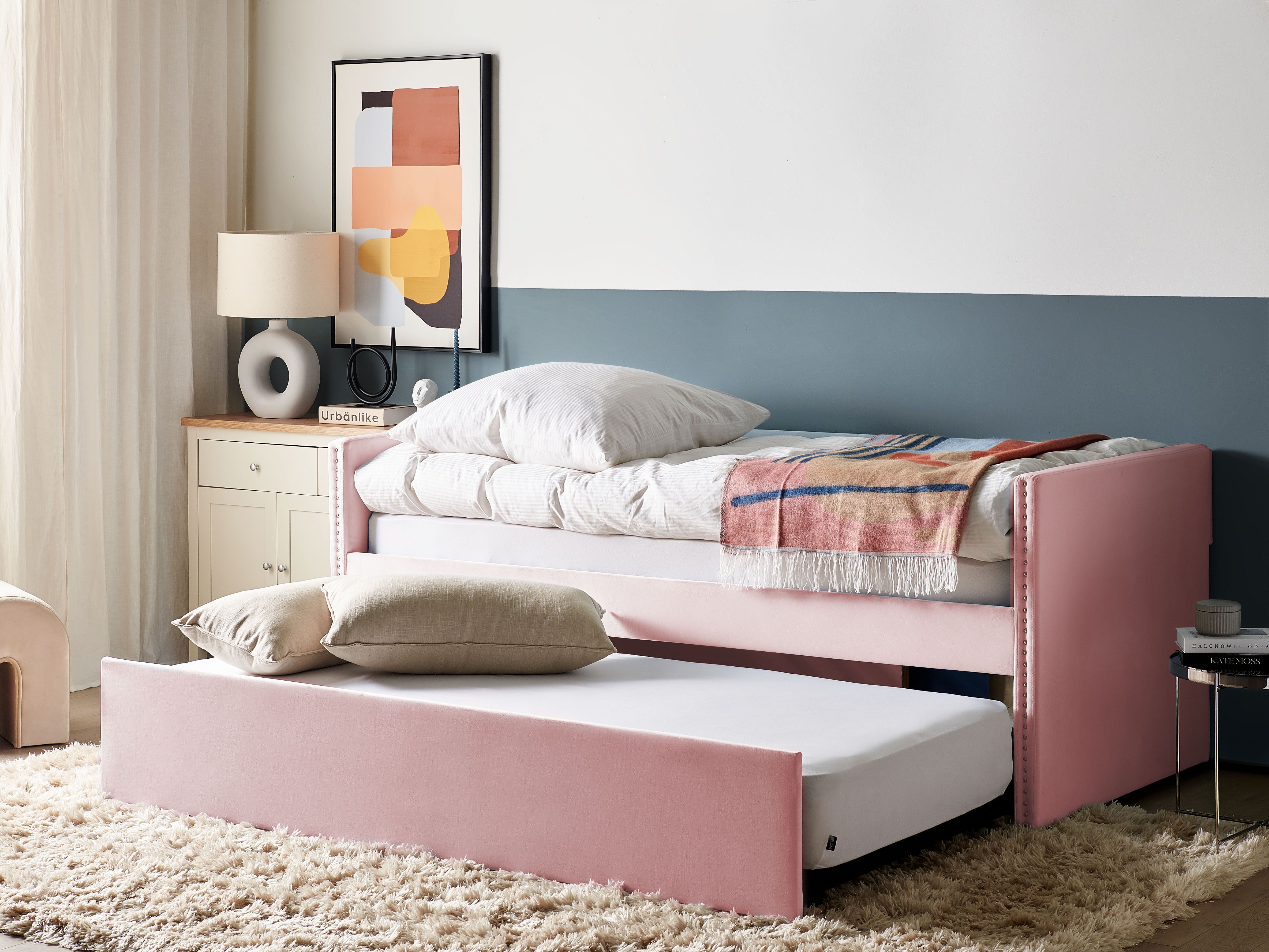 Trundle Bed Velvet TROYES 90 x 200 cm (EU Single) Pastel Pink
