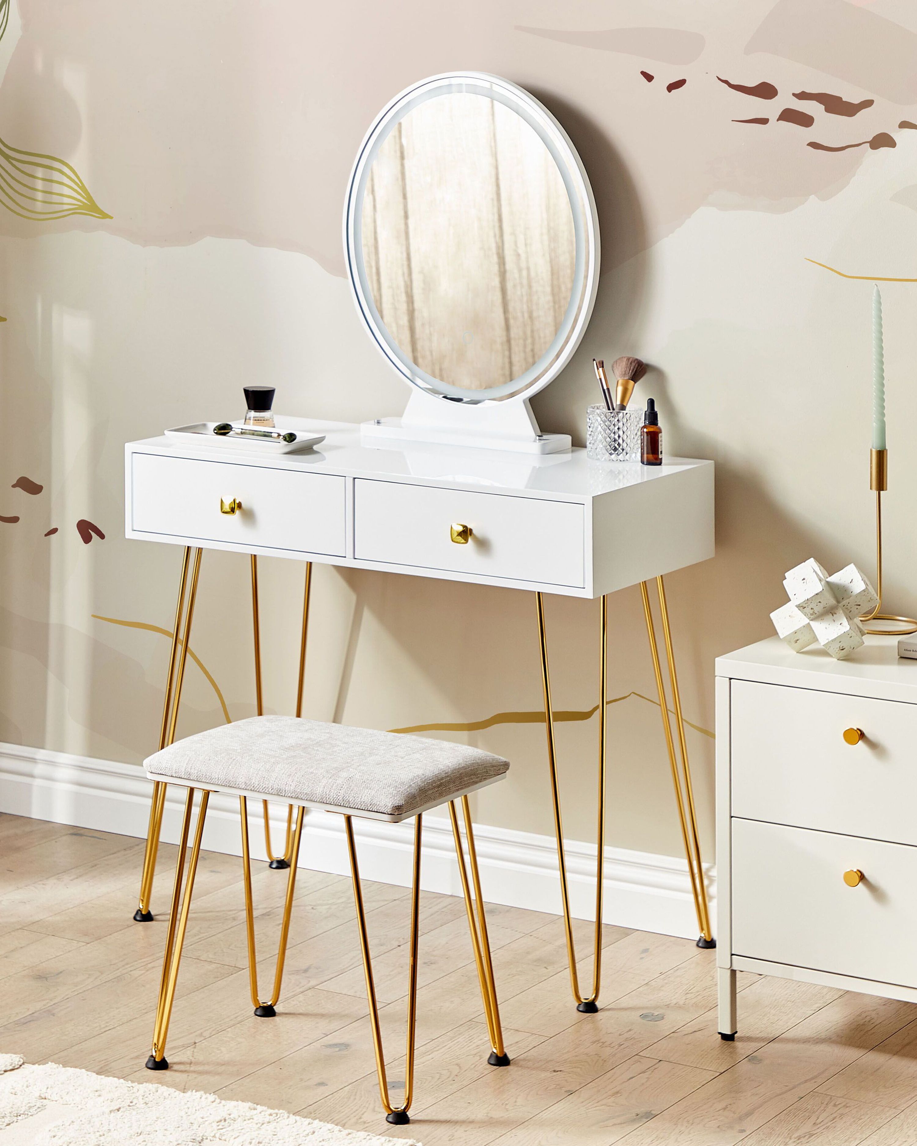 Dressing Table with Mirror and Stool CAEN LED White