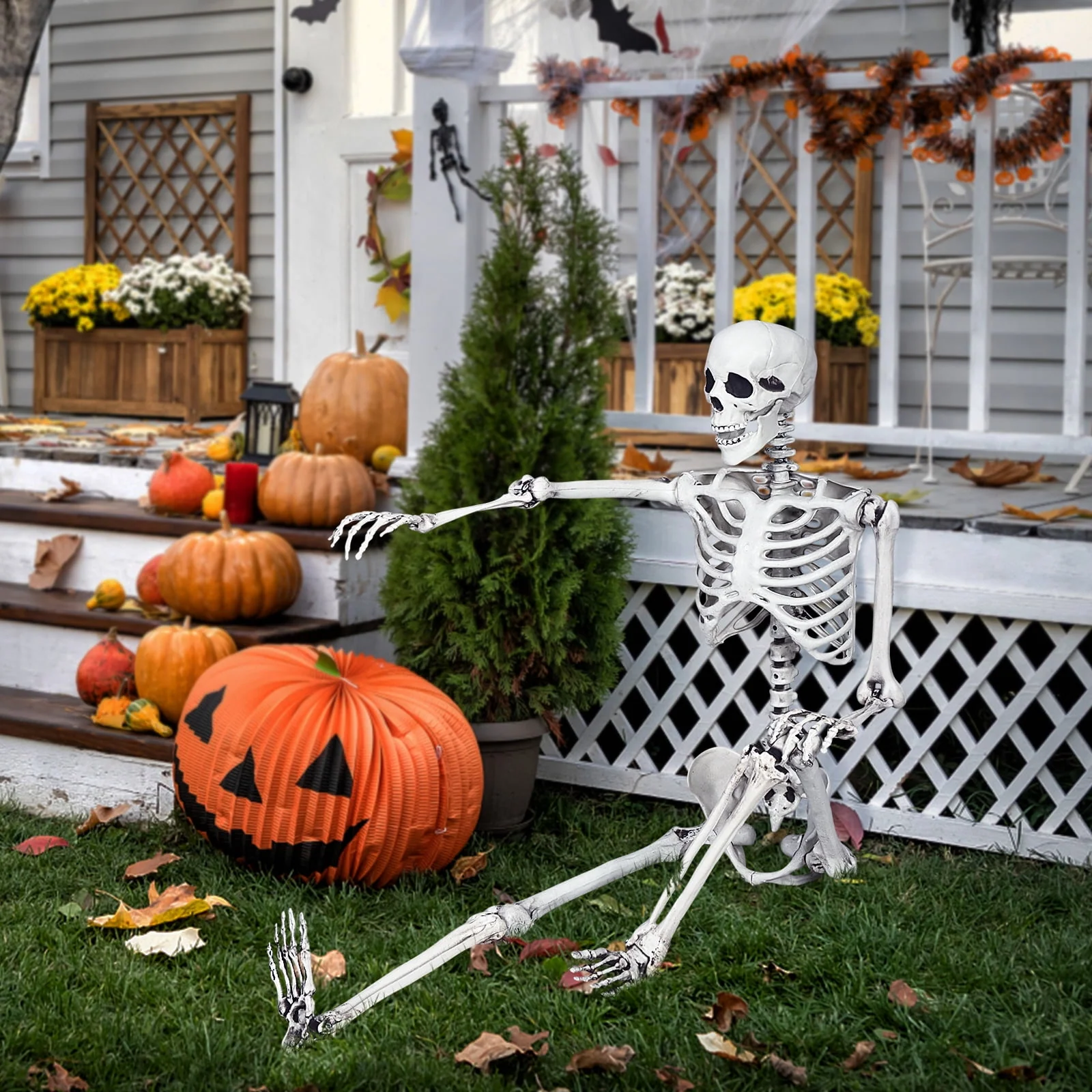 Costway 5.4 FT Halloween Skeleton Decoration Life Size Large Skeleton with Posable Joints 64.5 Inches Ivory White - Image 2 Costway 5.4 FT Halloween Skeleton Decoration Life Size Large Skeleton with Posable Joints 64.5 Inches Ivory White - Image 2
