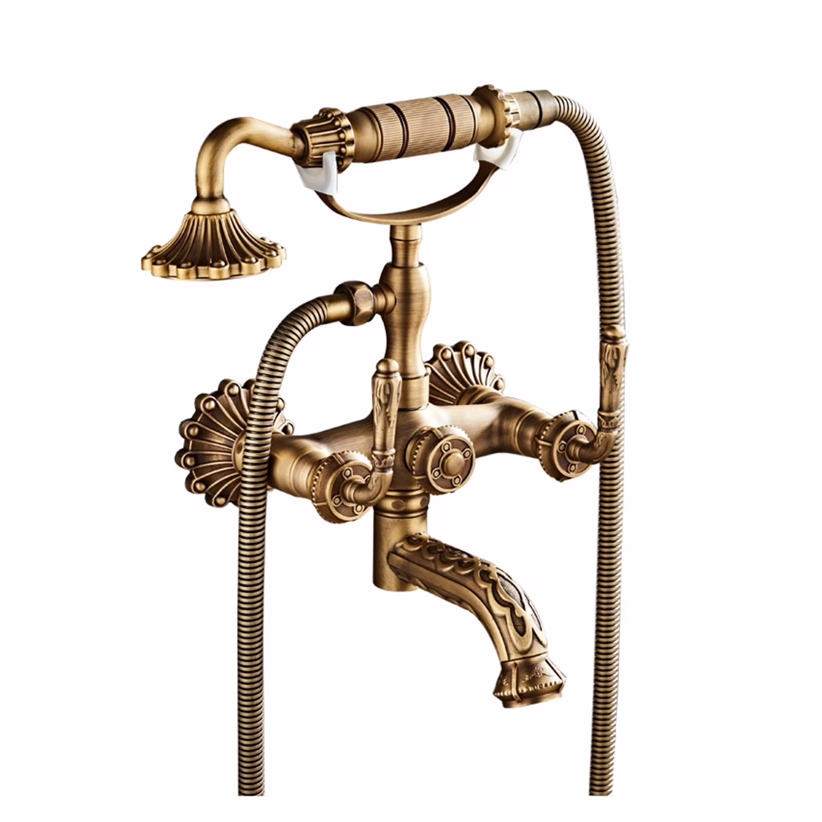 Antique Brass Bathtub Shower Faucets Set, Wall Mounted Bath Shower Set Swivel Tub Spout Bath Shower Dual Control Carved Mixer Tap