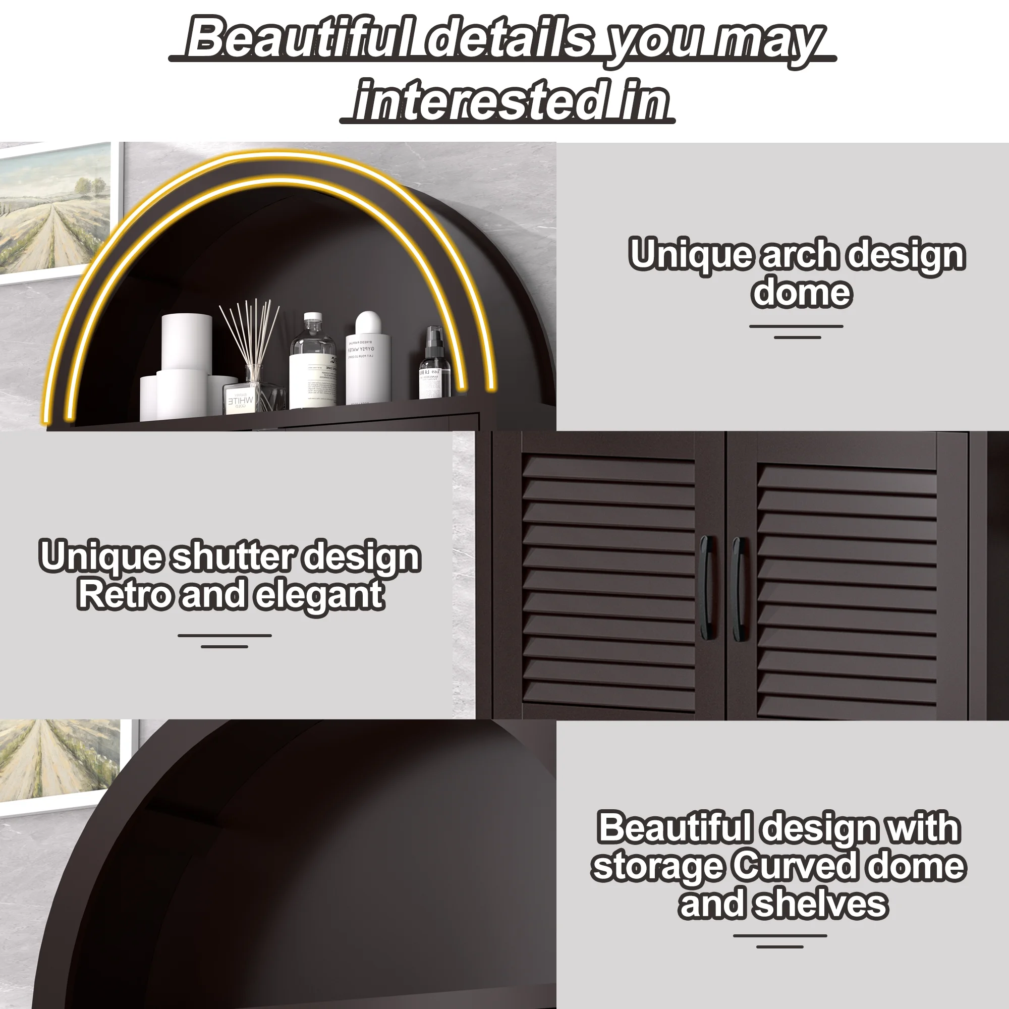 HARIPUL Over The Toilet Storage Cabinet w/ Unique Wood Grain & Arc Design, Freestanding Bathroom Shelf Organizer Space Saver w/ Doors & Anti-Tip Device, Wood Color - Image 46