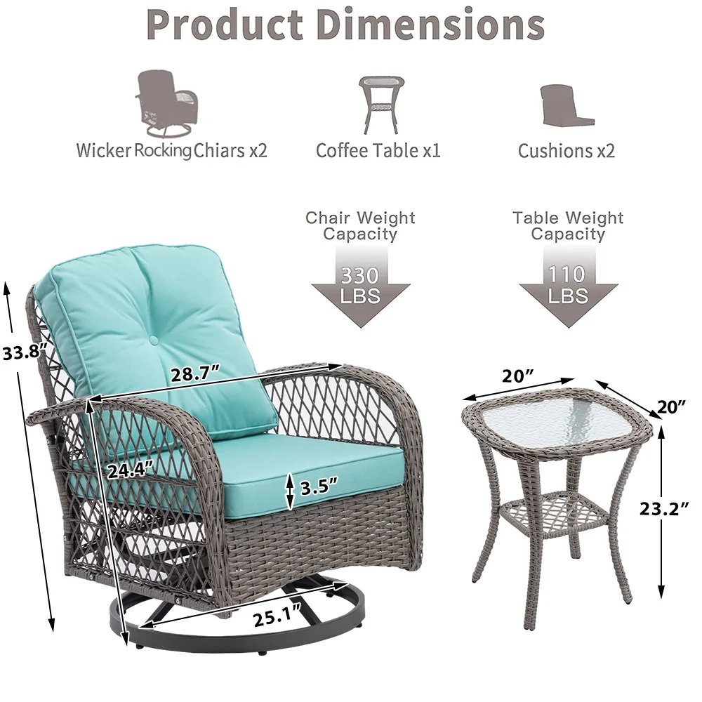3 Piece Patio Swivel Rocker Chairs Set, 2 360-Degree Swivel Rocking Chairs with 1 Glass Top Table, PE Rattan Outdoor Bistro Set with Cushions for Balcony Deck Poolside Backyard Porch - Image 10
