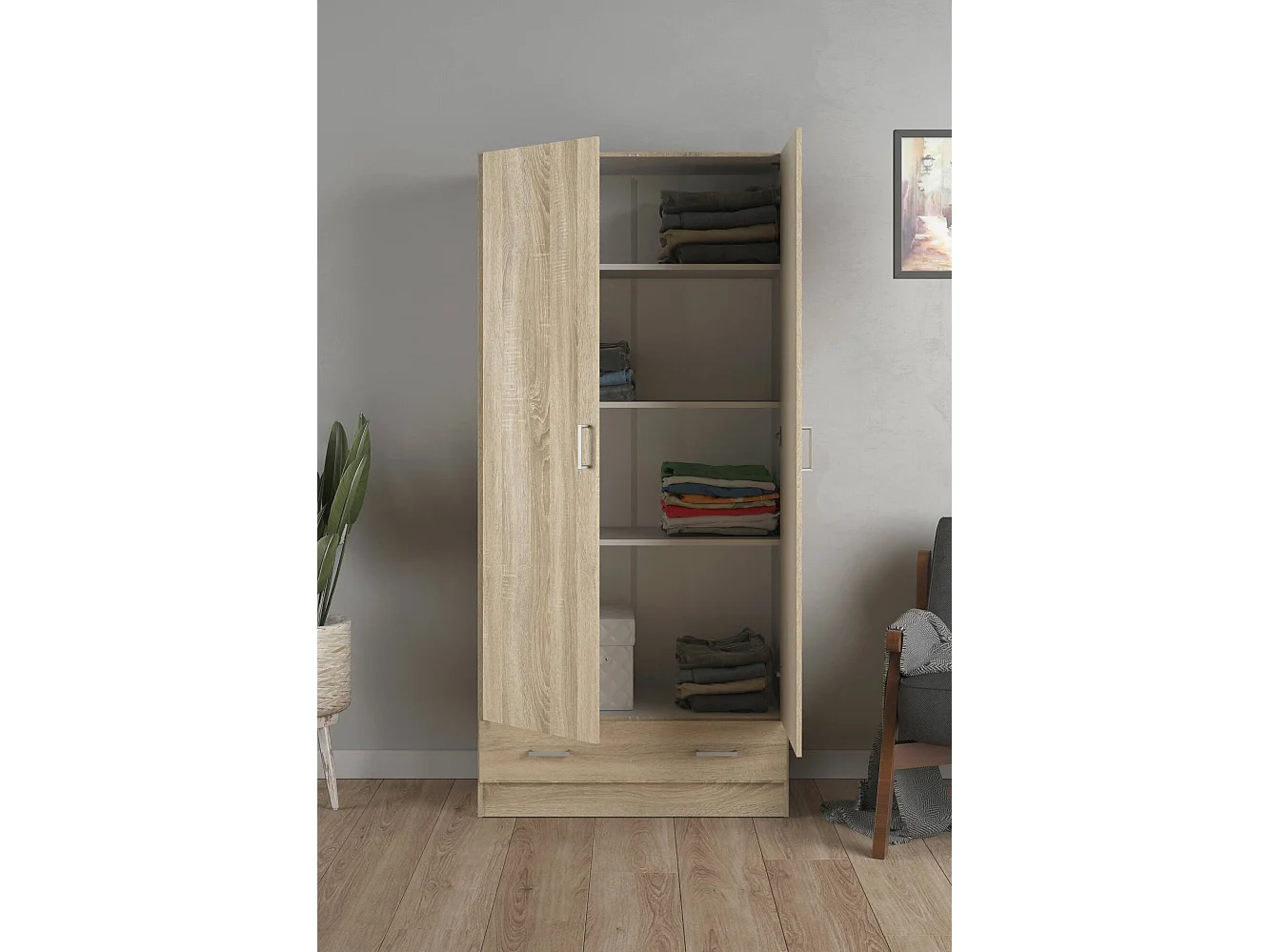 Armoire à deux portes et un tiroir, couleur chêne, 79 x 35 x h171 cm