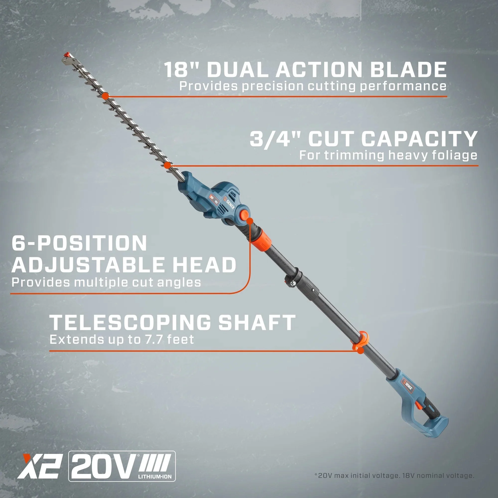 SENIX Cordless Pole Hedge Trimmer, 20 Volt Max, 18-Inch Cutting, 21-Inch Blade - HTPX2-M - Image 12 SENIX Cordless Pole Hedge Trimmer, 20 Volt Max, 18-Inch Cutting, 21-Inch Blade - HTPX2-M - Image 12