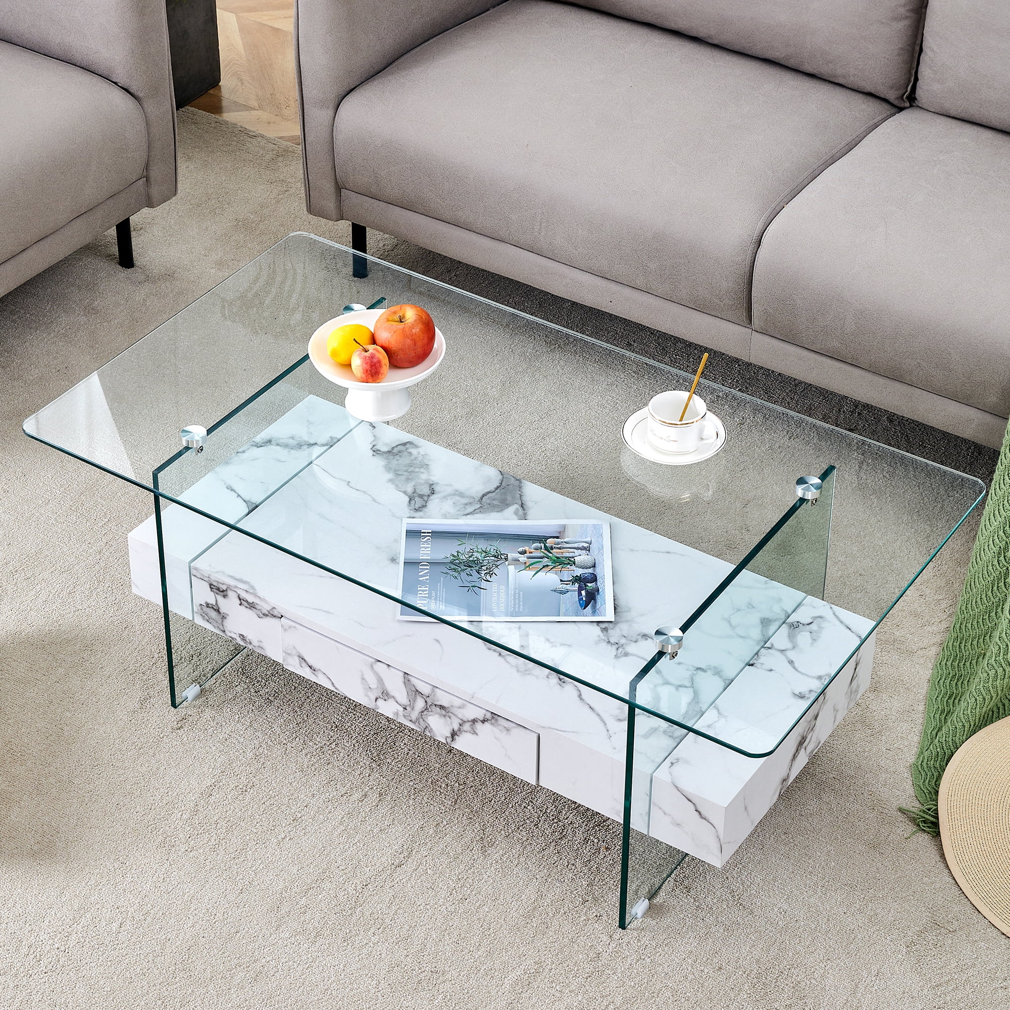 43.3 Inch Modern Two-Tier Coffee Table - Clear Tempered Glass and White Marble Texture, Multifunctional Storage Design.The bottom tier includes a drawer.Can be used as a coffee table,side table,etc.