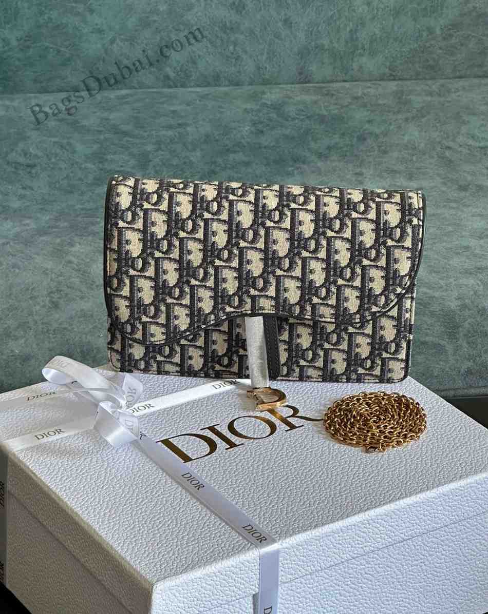 Dior Oblique Jacquard Canvas Medium Saddle Wallet With Chain In Dubai