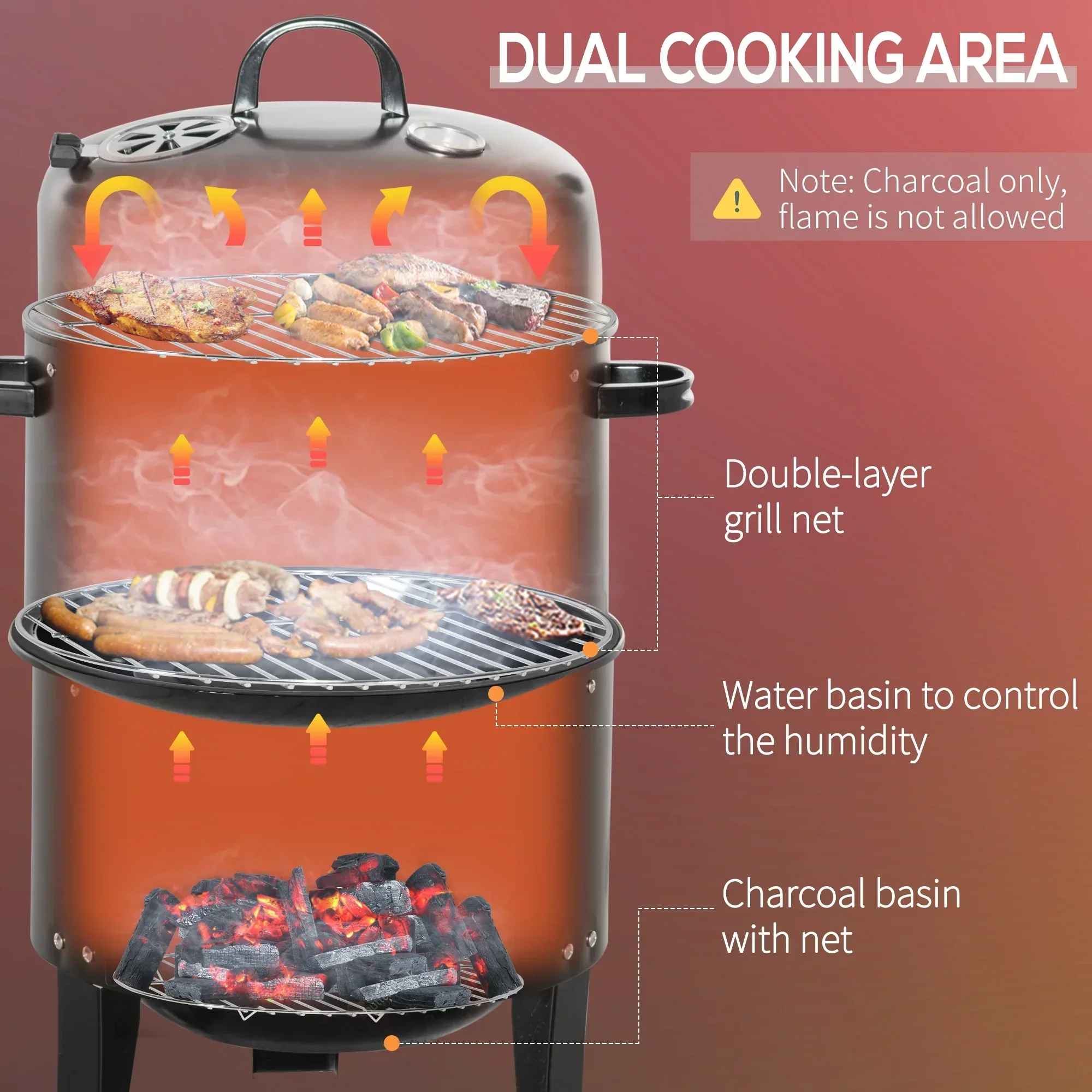 Outsunny 3-in-1 16in Round Charcoal BBQ Smoker Grill With 2 Cooking Areas And Thermometer - Black - Image 4 Outsunny 3-in-1 16in Round Charcoal BBQ Smoker Grill With 2 Cooking Areas And Thermometer - Black - Image 4