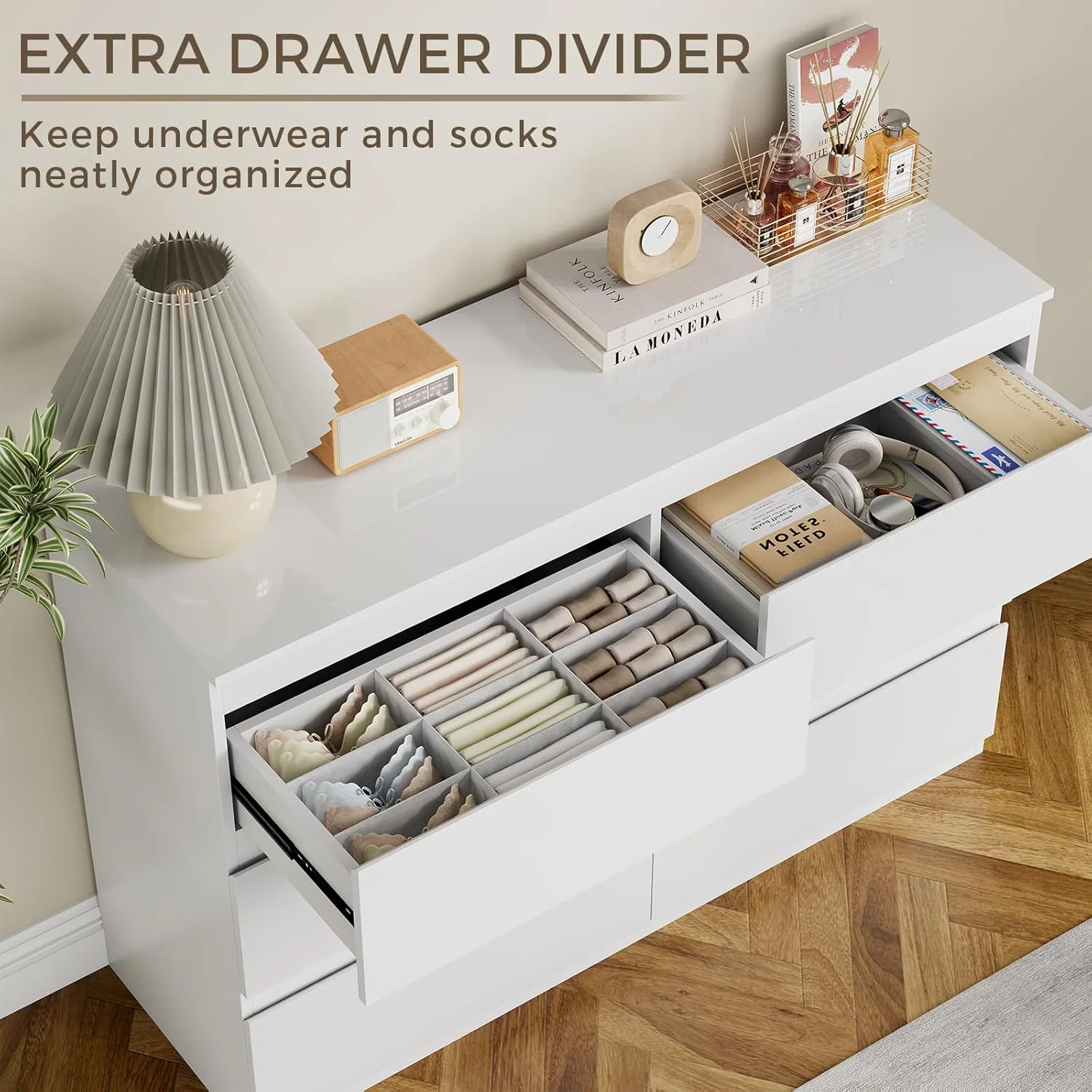 Selooye White Wood Dresser, 6 Drawer Dresser for Clothes Storage,Bedroom, Modern White Dresser with Wide Drawers, Wide Wooden Chest Drawers for Living Room, Entryway, TV Stand