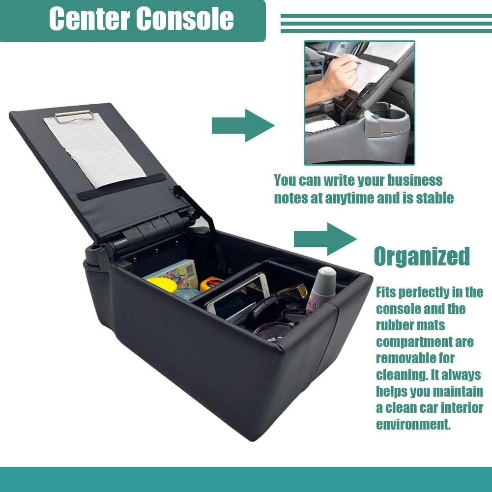 Universal Truck Seat/Bench Contractor Center Console Business Organizer and Storage with Adjustable Cup Holders, Clip Board, and Padded Top Lid for Armrest Back Black