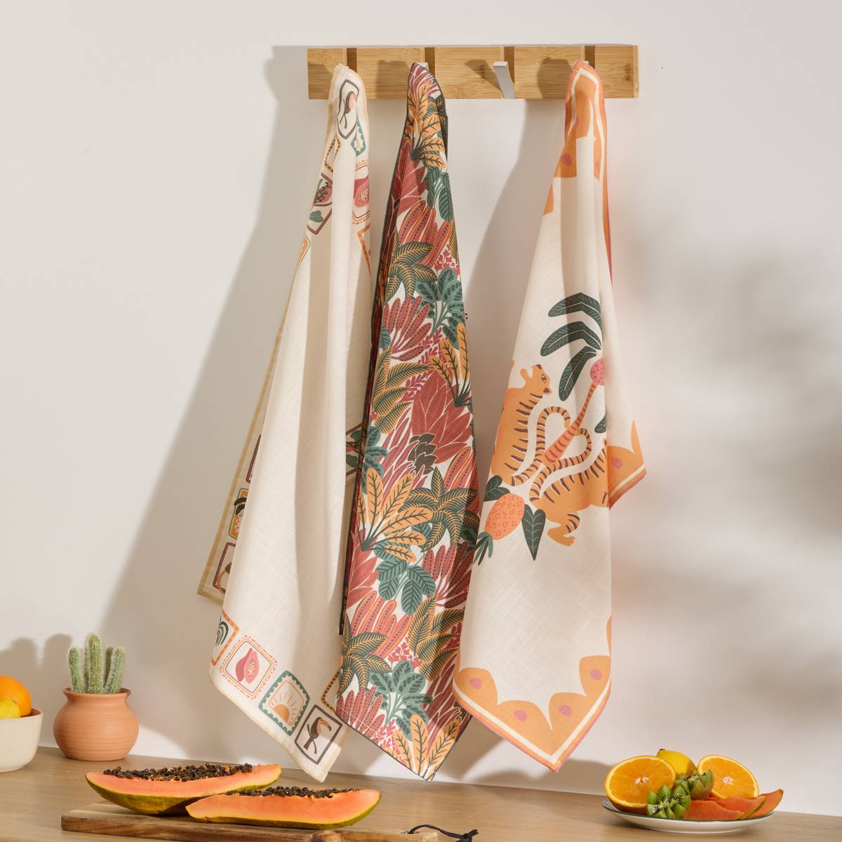 Set of 3 "Tropical" tea towels Orange, 180 g/m2, 70x45 cm