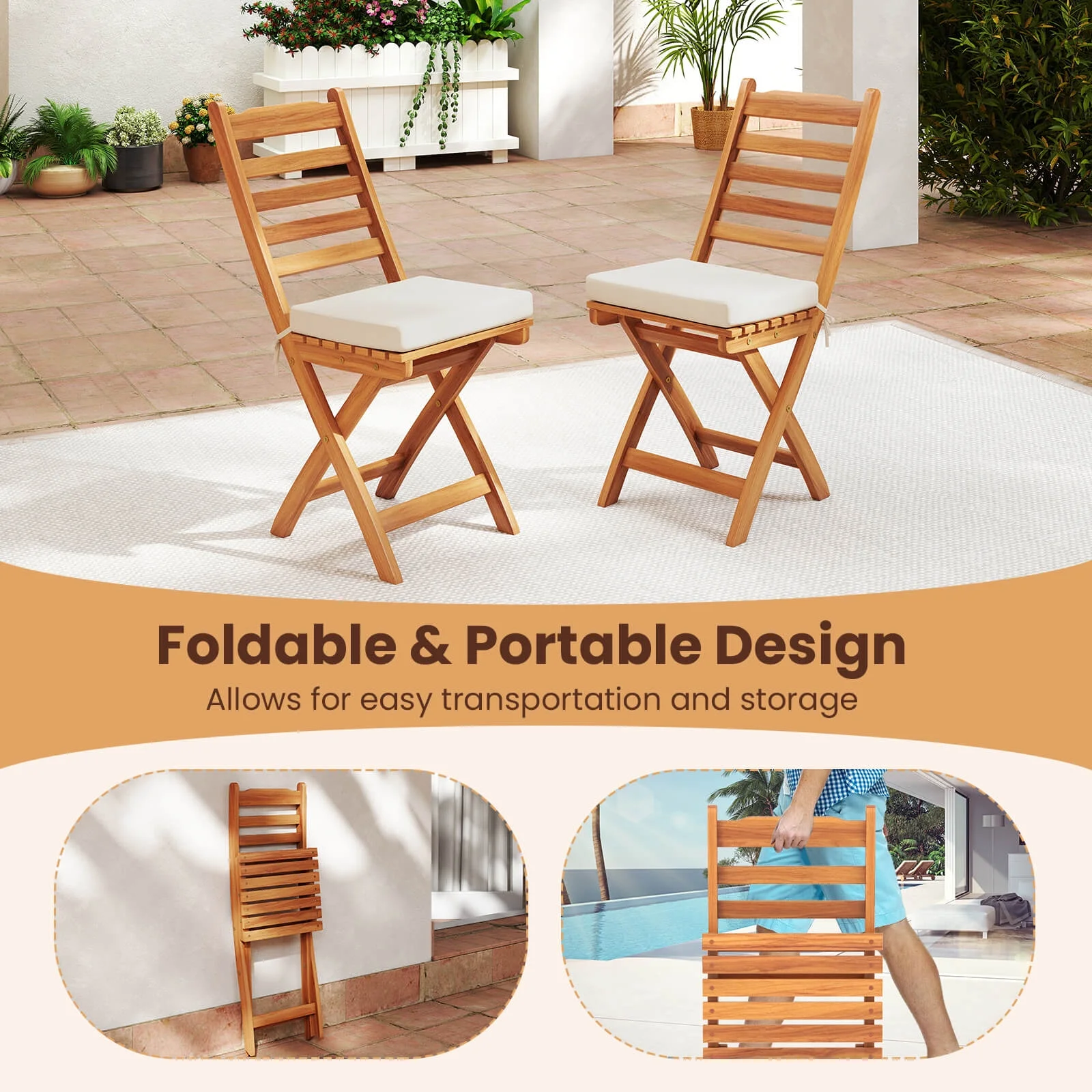 Costway Folding Patio Chairs Set of 2 with Slatted Backrests and Soft Seat Cushions