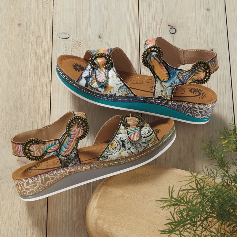 L'Artiste Offtrak Hand-Painted Leather Sandal with Low Heel and Adjustable Fit - MIDNIGHT VELVET CATALOG