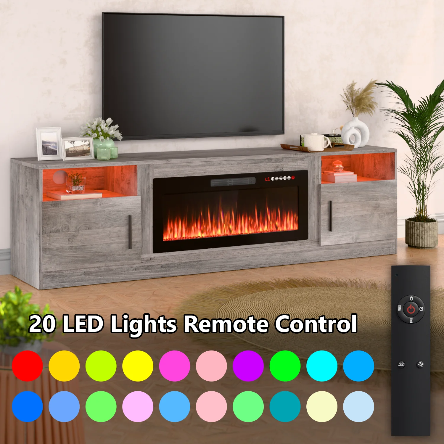 Waleaf Fireplace TV Stand with 36" Electric Fireplace Up to 80" TVs, Modern Wood Media TV Console with Highlight Cabinet, White - Image 40