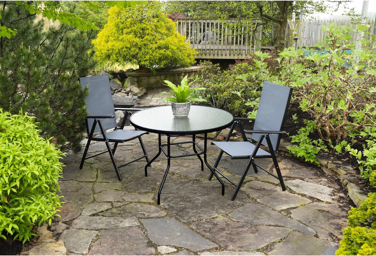 Outdoor Steel Dining Table Patio Furniture, Round Waterwave Glass Top, Black, 40