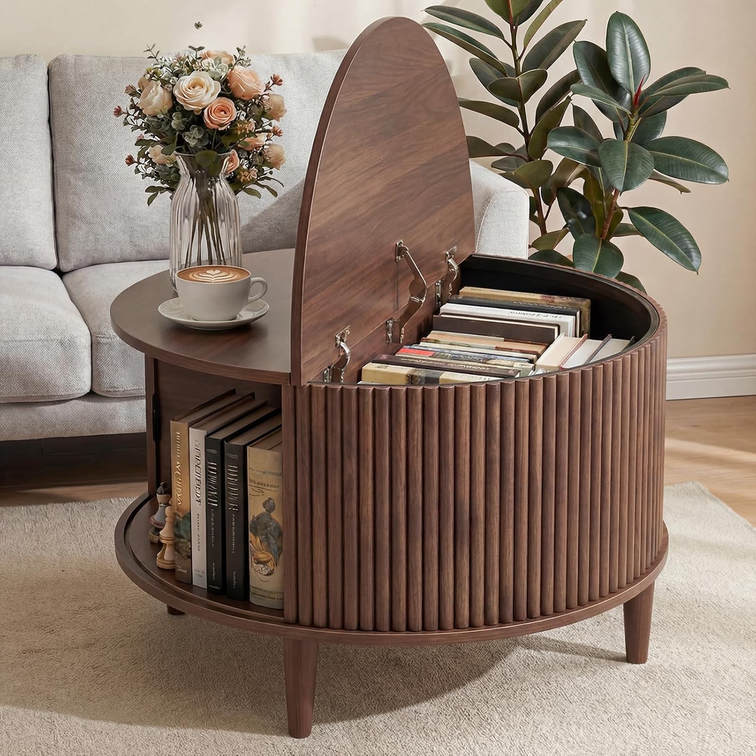 DUMOS Coffee Table, Round Coffee Tables with Storage, Fluted Center Table for Living Room, 31.69
