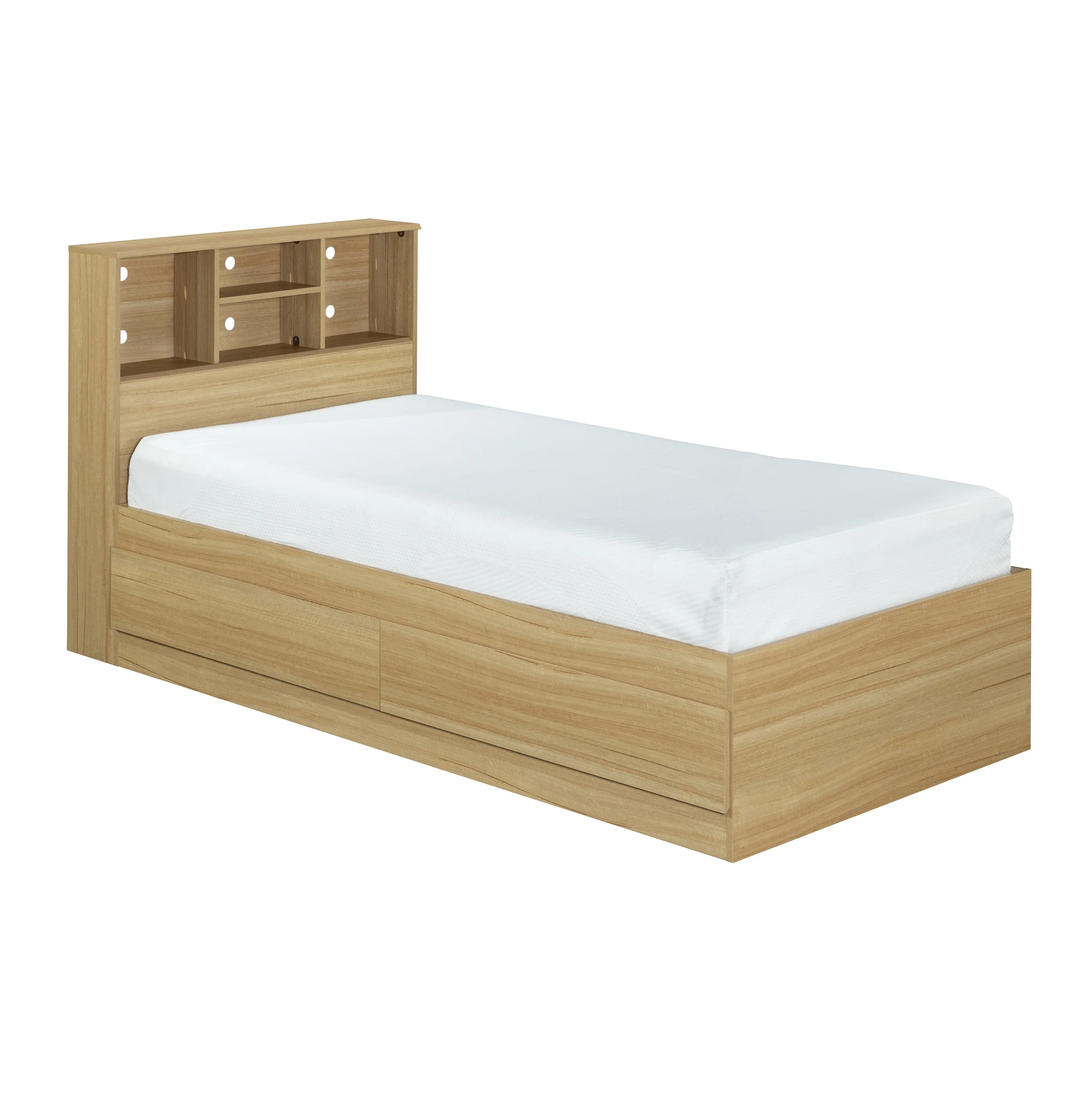 Your Zone Easy to Assemble Storage Bed with Bookcase Headboard, Twin, Natural Teak Finish