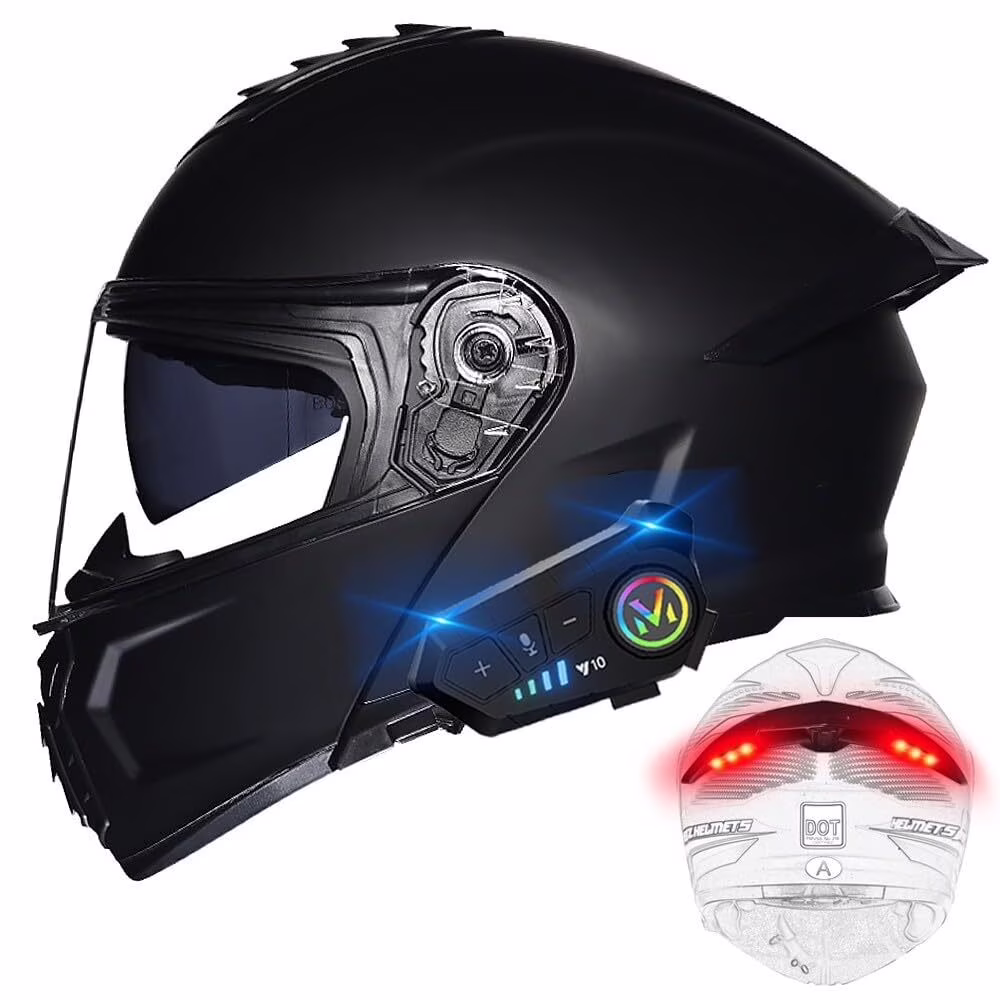 Bluetooth Modular Motorcycle Helmets with Tail Lights, DOT Approved Flip Up Full Face Dual Visor Motorcycle Helmet, with Dual Speakers and Microphone HA - Image 4