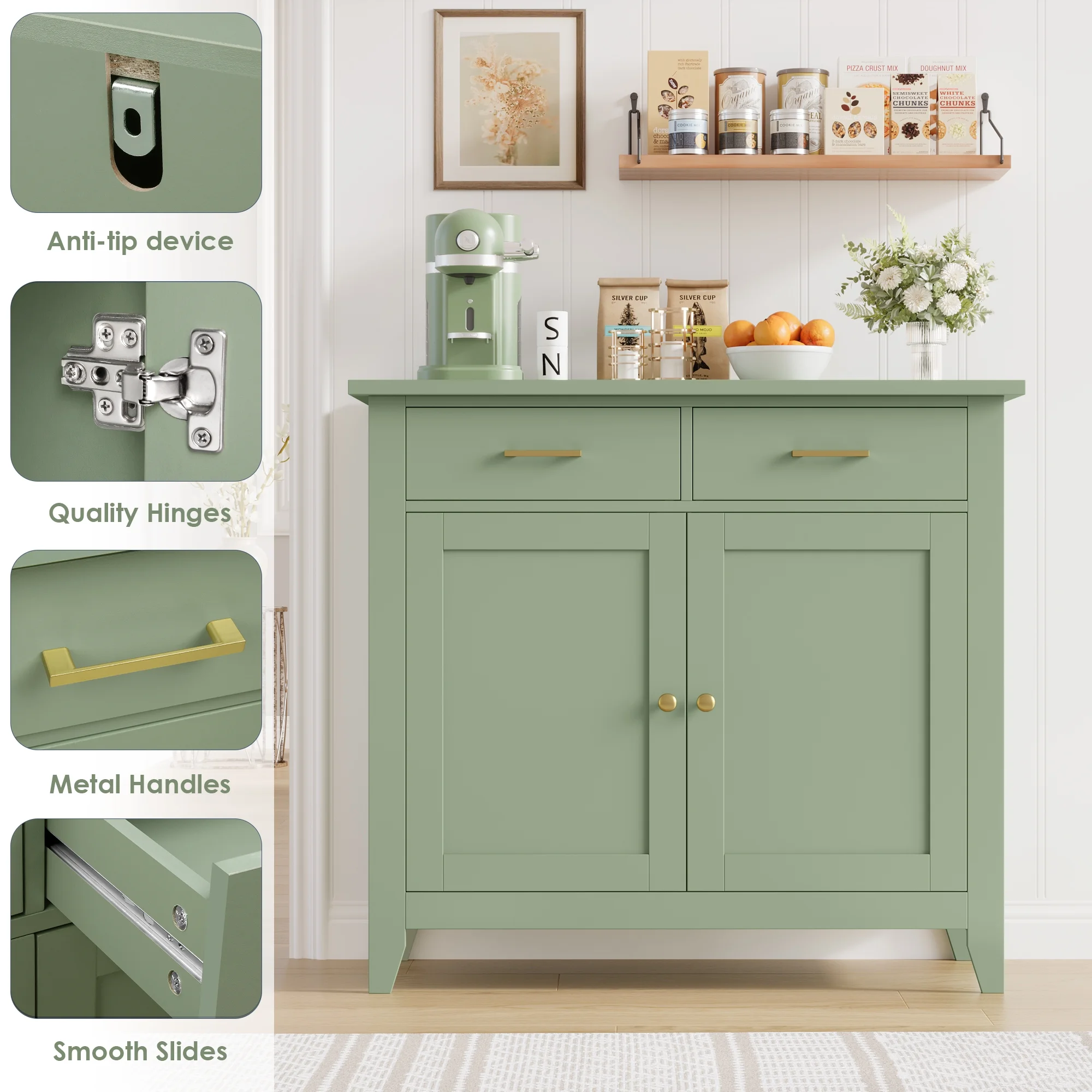 Homfa Entryway Cabinet, Kitchen Storage Cabinet, Farmhouse Buffet Sideboard with 2 Drawers and 2 Doors,Coffee Bar with Storage for Dining Room Living Room,White - Image 26