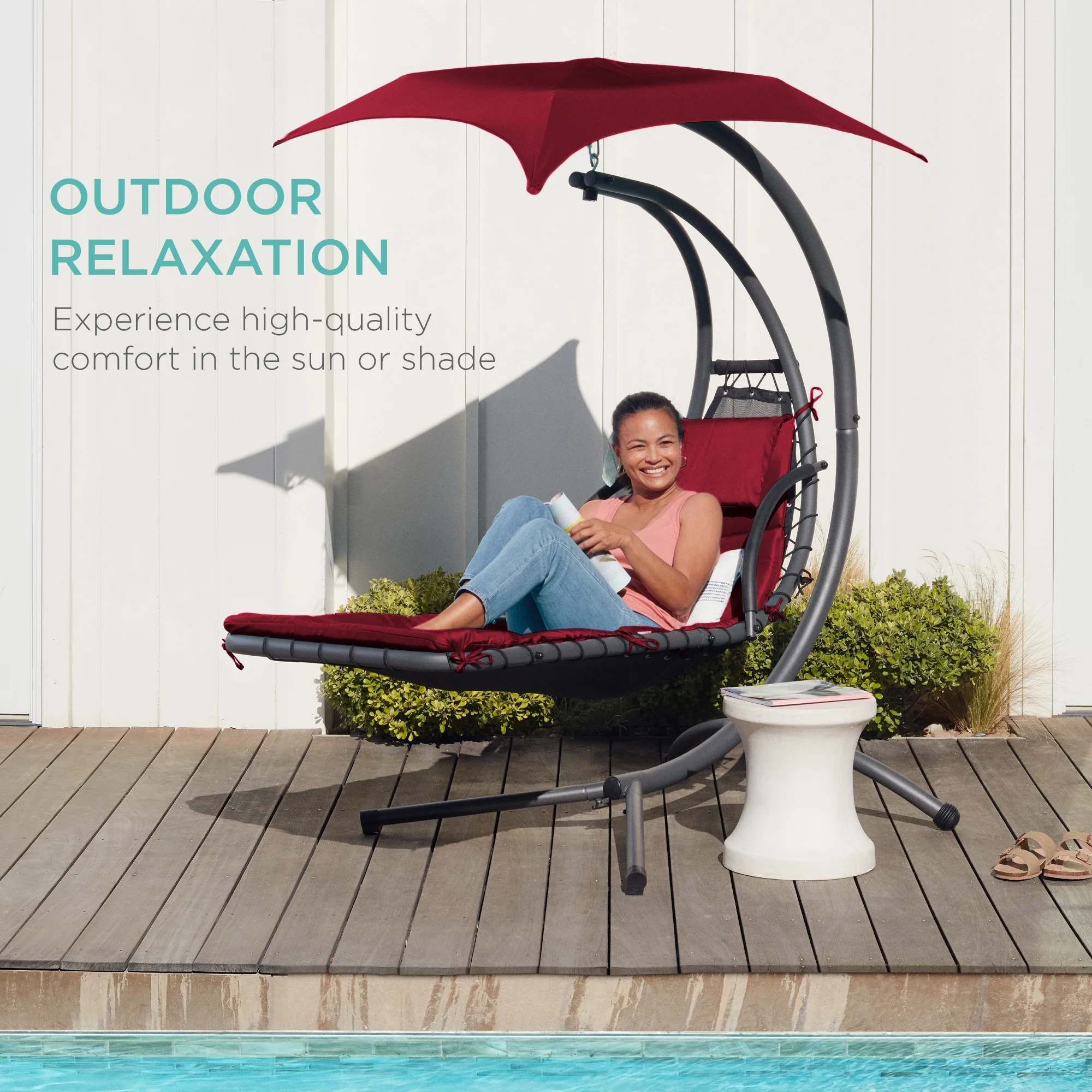 Best Choice Products Hanging Curved Chaise Lounge Chair Swing for Backyard, Patio w/ Pillow, Shade, Stand - Teal - Image 75